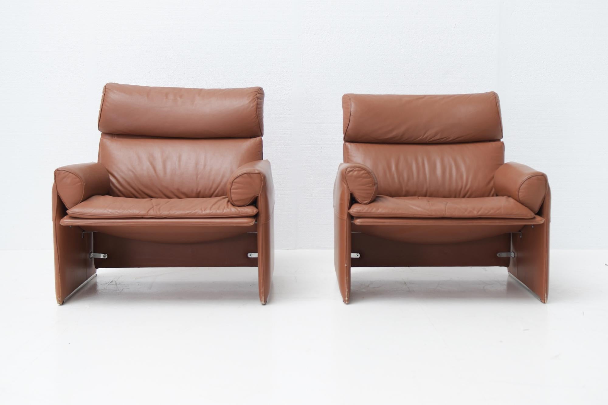 Mid-Century Modern Stunning Set of Matching Leather Armchairs, Saporiti Italy, Signed
