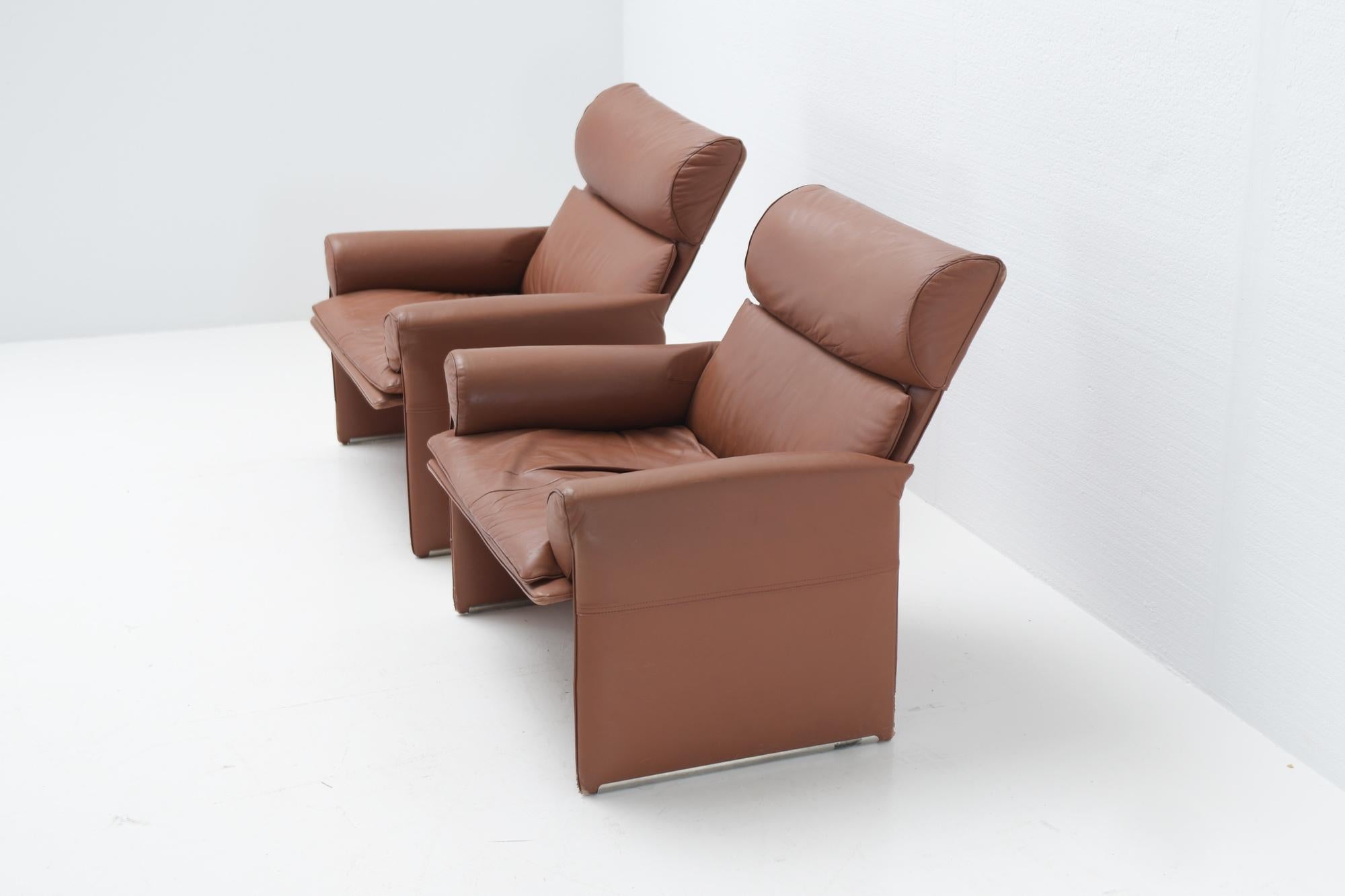 Italian Stunning Set of Matching Leather Armchairs, Saporiti Italy, Signed