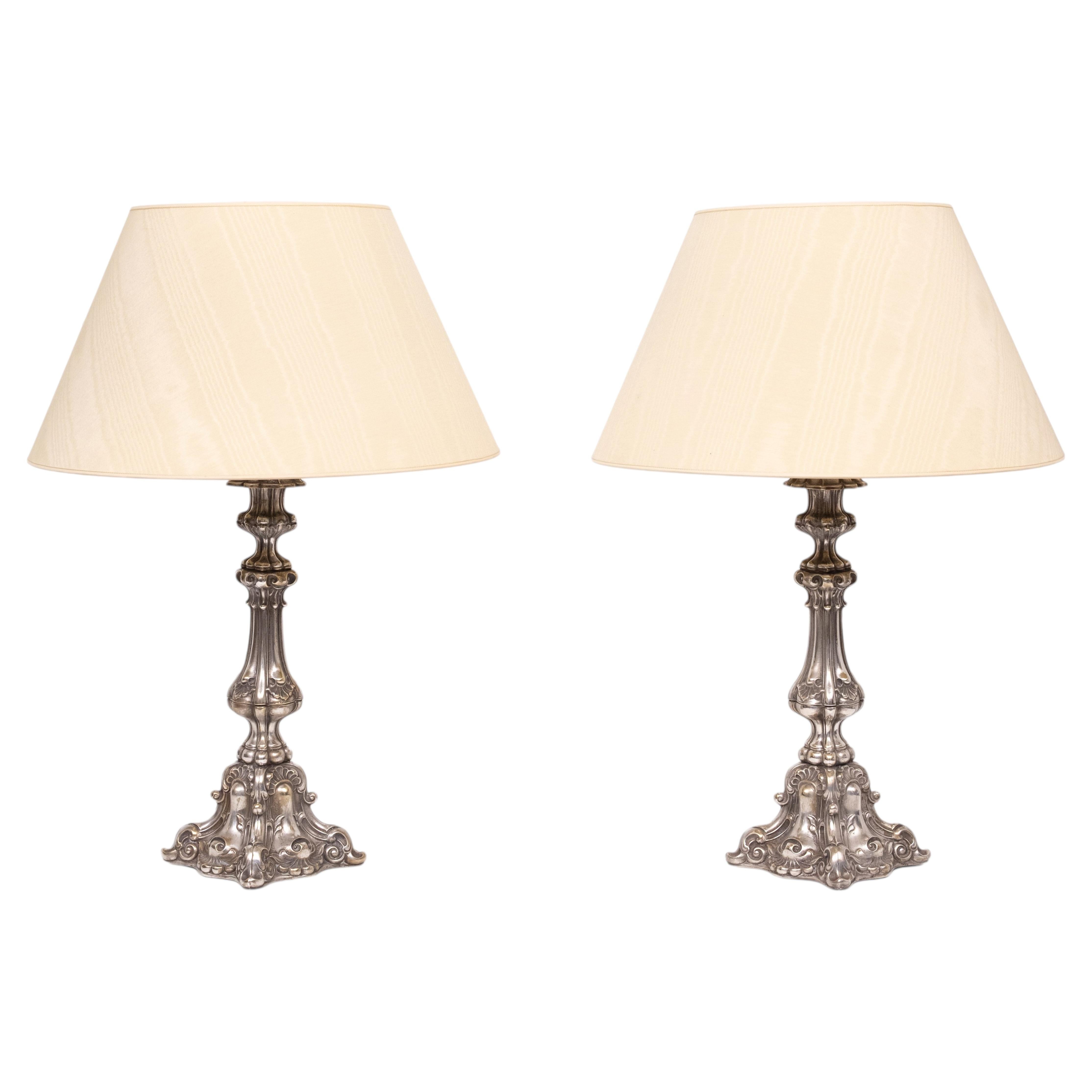 Stunning set of Rococo Silver Plated table lamps 1920s For Sale