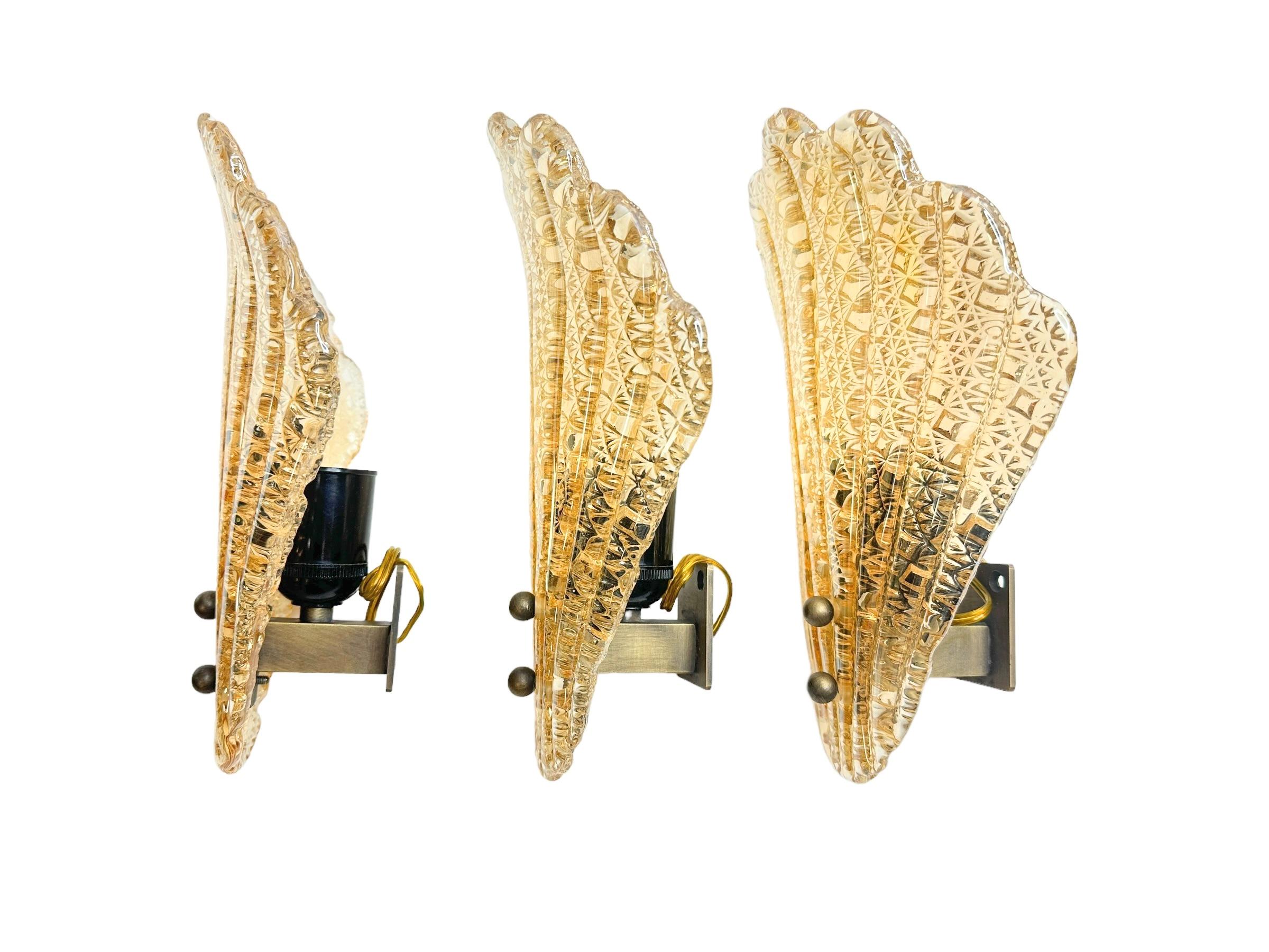 Metal Stunning Set of Three Murano Glass Leaf Sconces by Barovier and Toso, Italy For Sale