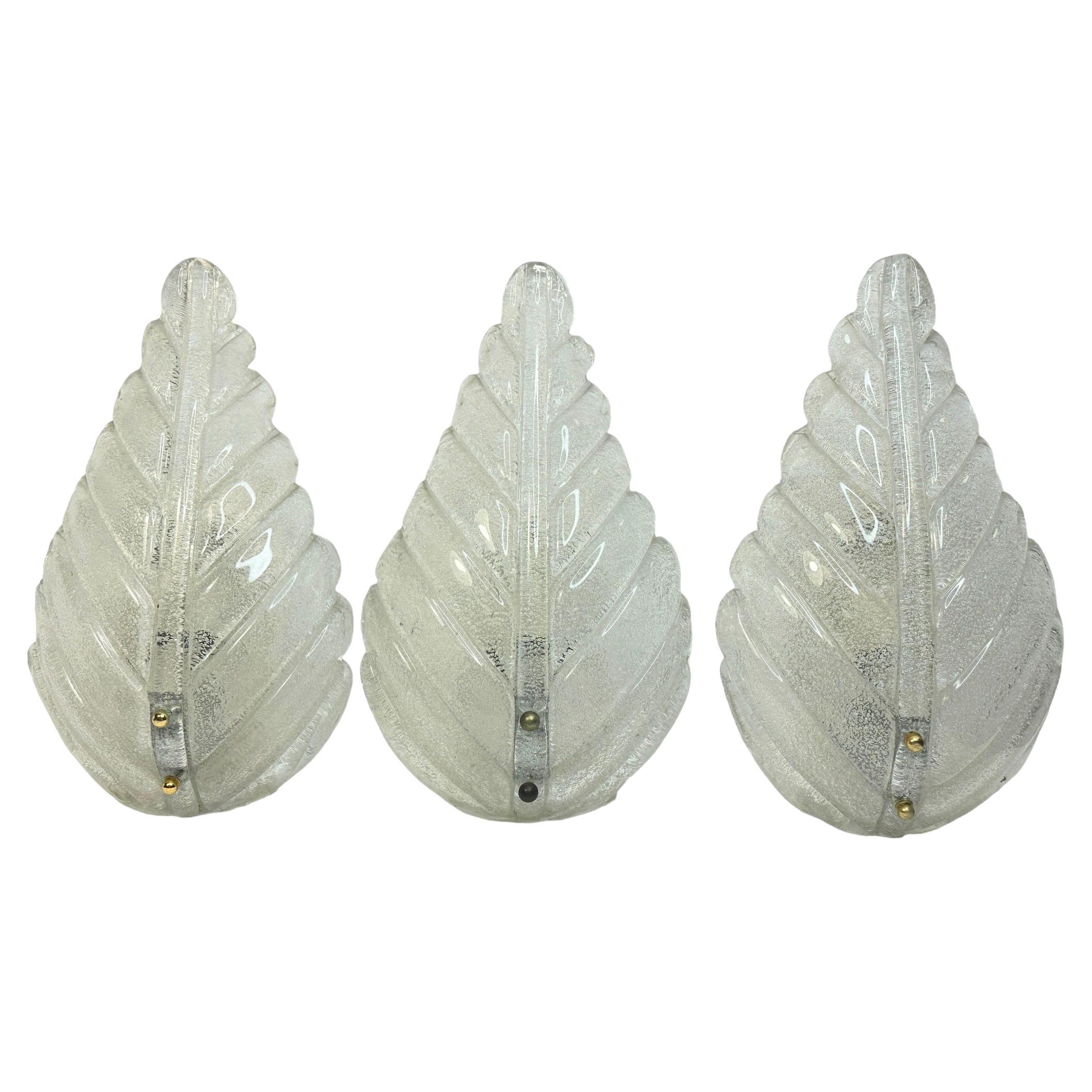 Stunning Set of Three Murano Glass Leaf Sconces by Barovier and Toso, Italy For Sale