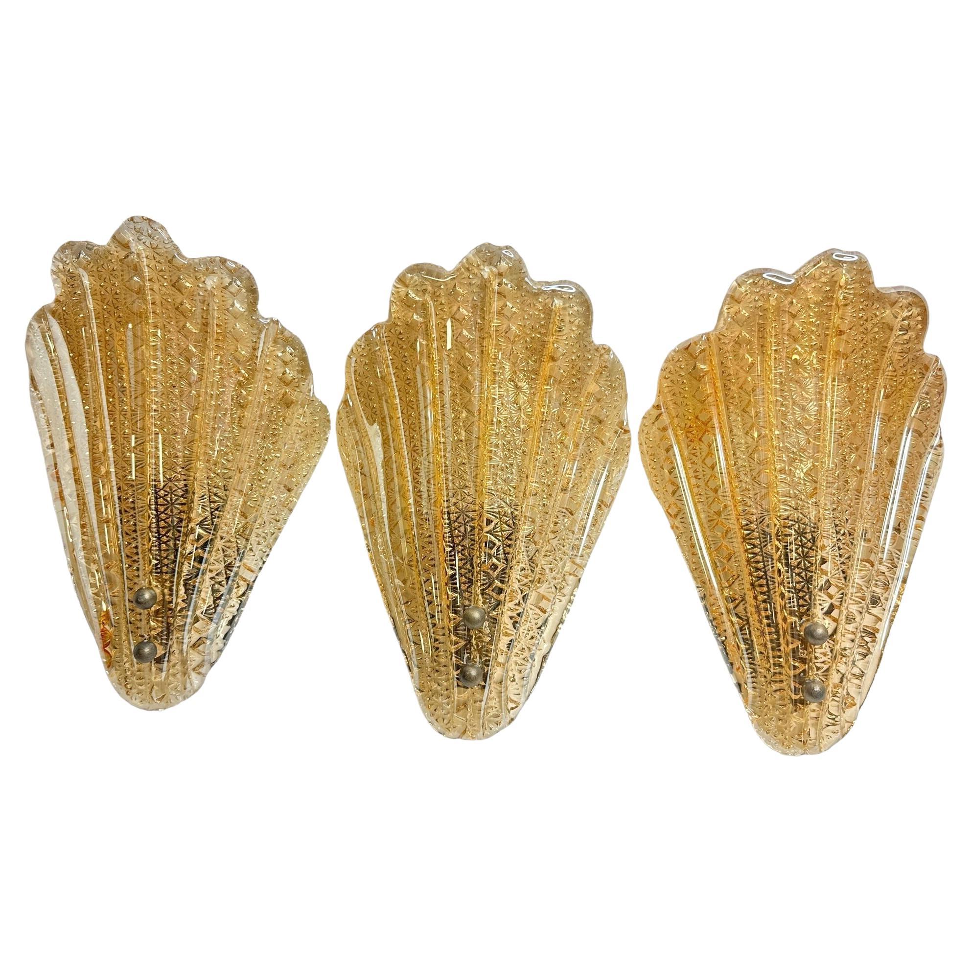 Stunning Set of Three Murano Glass Leaf Sconces by Barovier and Toso, Italy