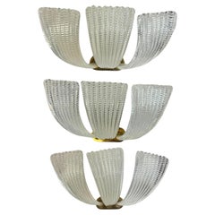 Stunning Set of Three Murano Glass Palm Leaf Sconces by Barovier and Toso, Italy
