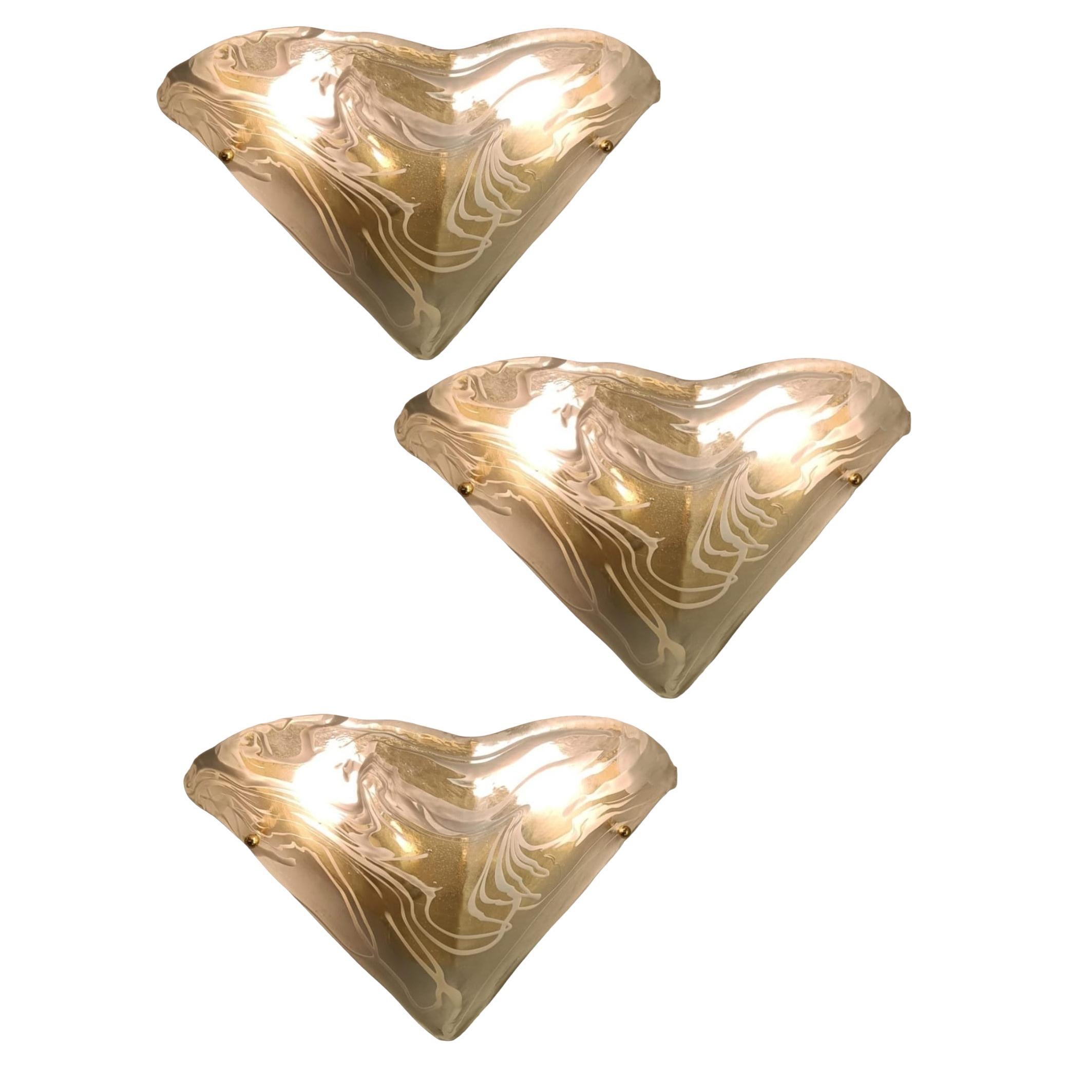 Stunning Set of Three Triangle Shaped Murano Ice Glass Sconces, Italy, 1980s