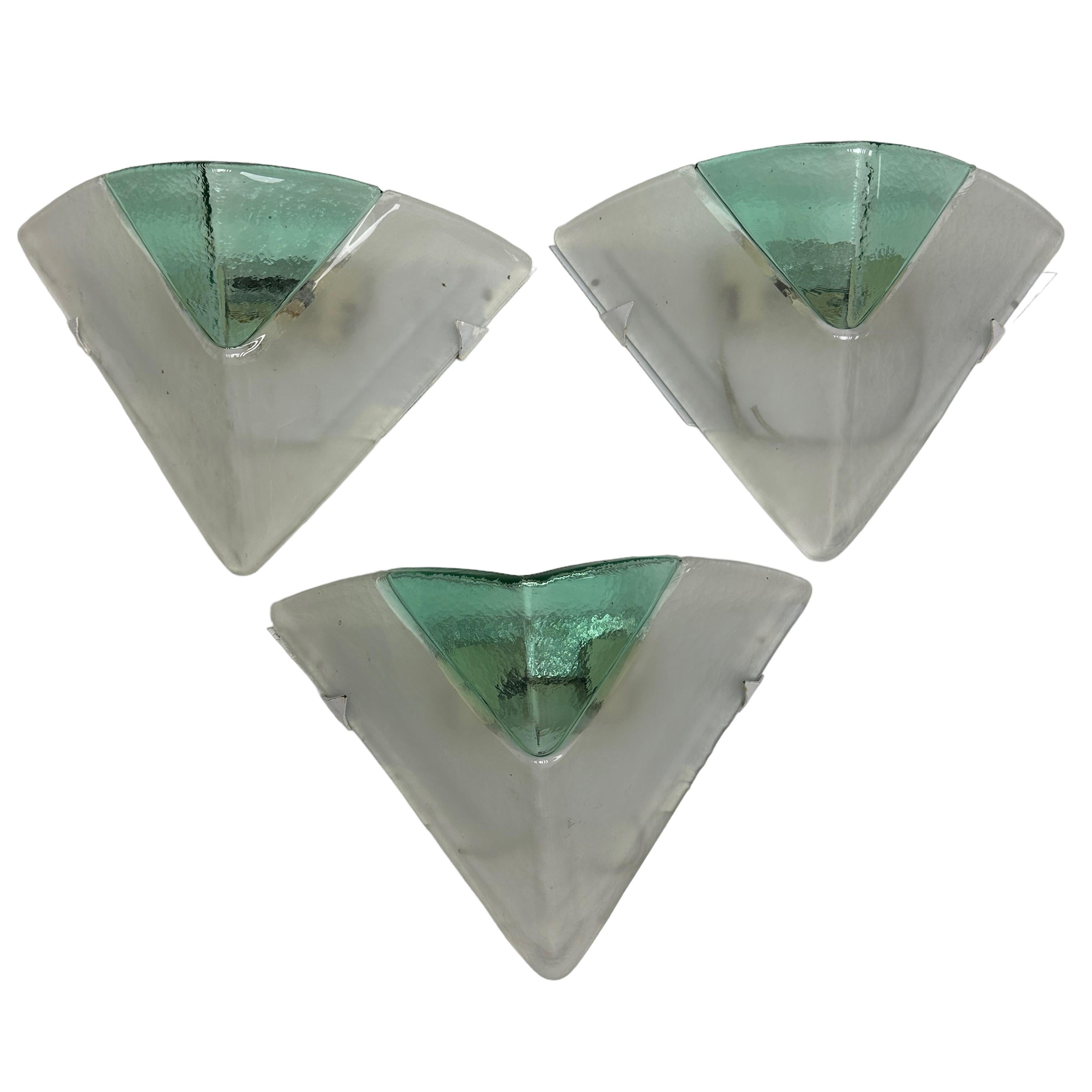 Italian Stunning Set of Three Triangle Shaped Murano Ice Glass Sconces, Italy, 1980s