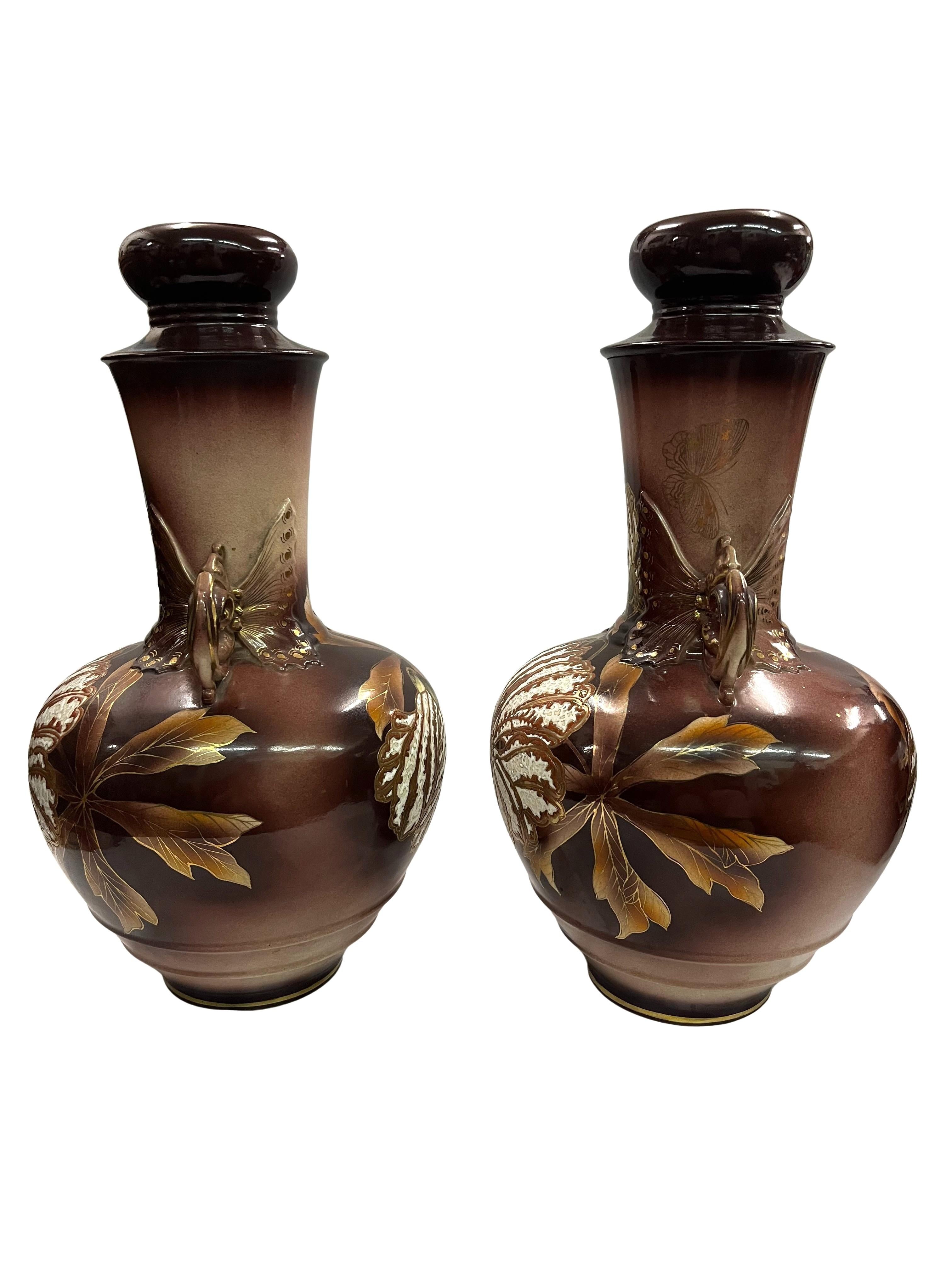 French Stunning set of two large format vases, Japanese style, 1900 Art Nouveau, France For Sale