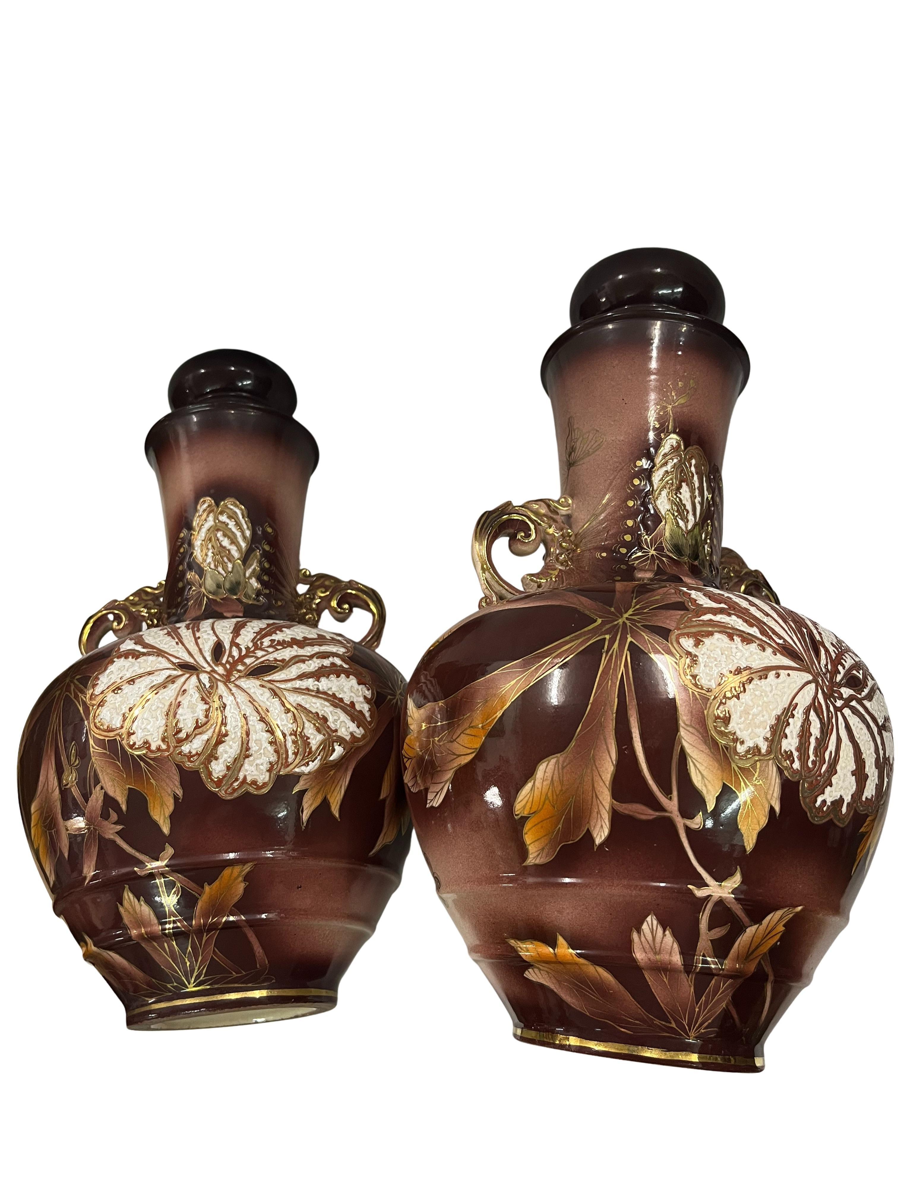 Stunning set of two large format vases, Japanese style, 1900 Art Nouveau, France For Sale 1