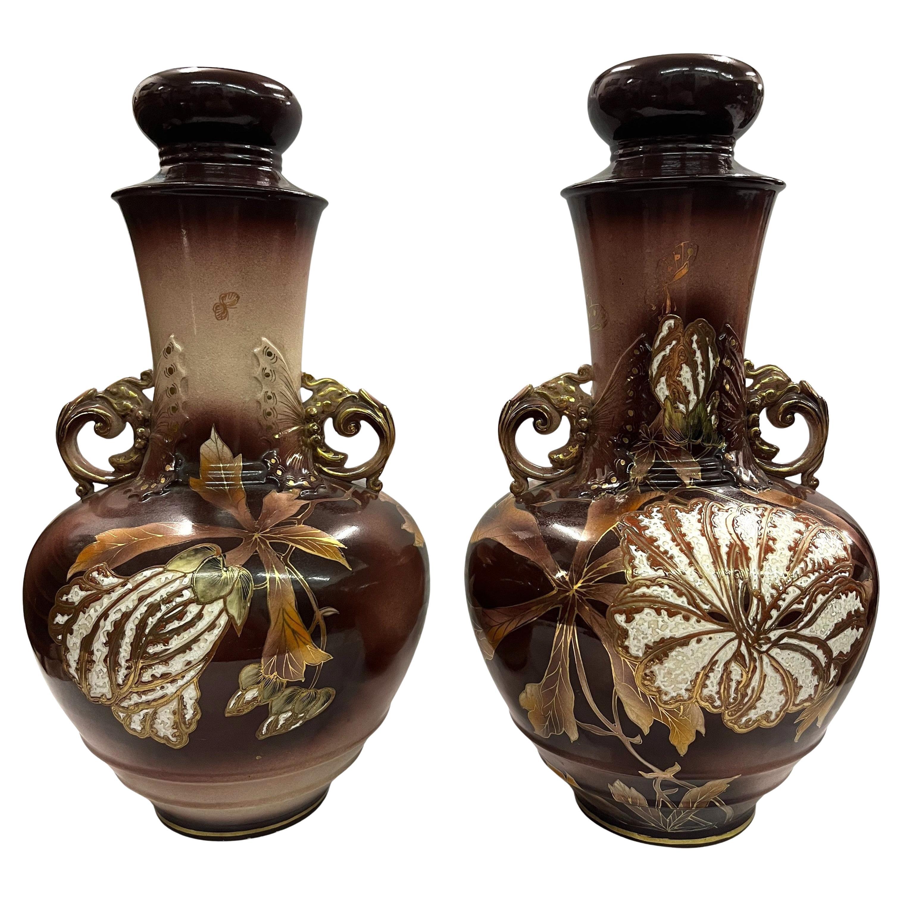 Stunning set of two large format vases, Japanese style, 1900 Art Nouveau, France For Sale