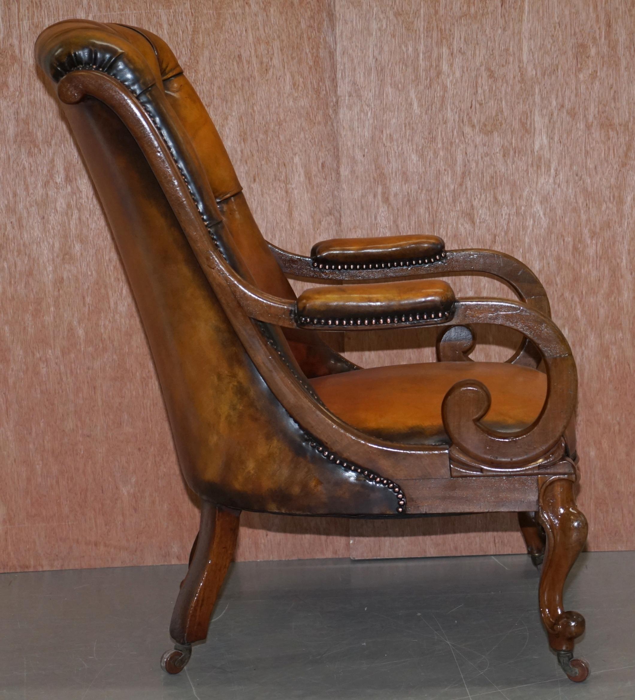 Stunning Show Framed Early Victorian Chesterfield Brown Leather Library Armchair For Sale 6