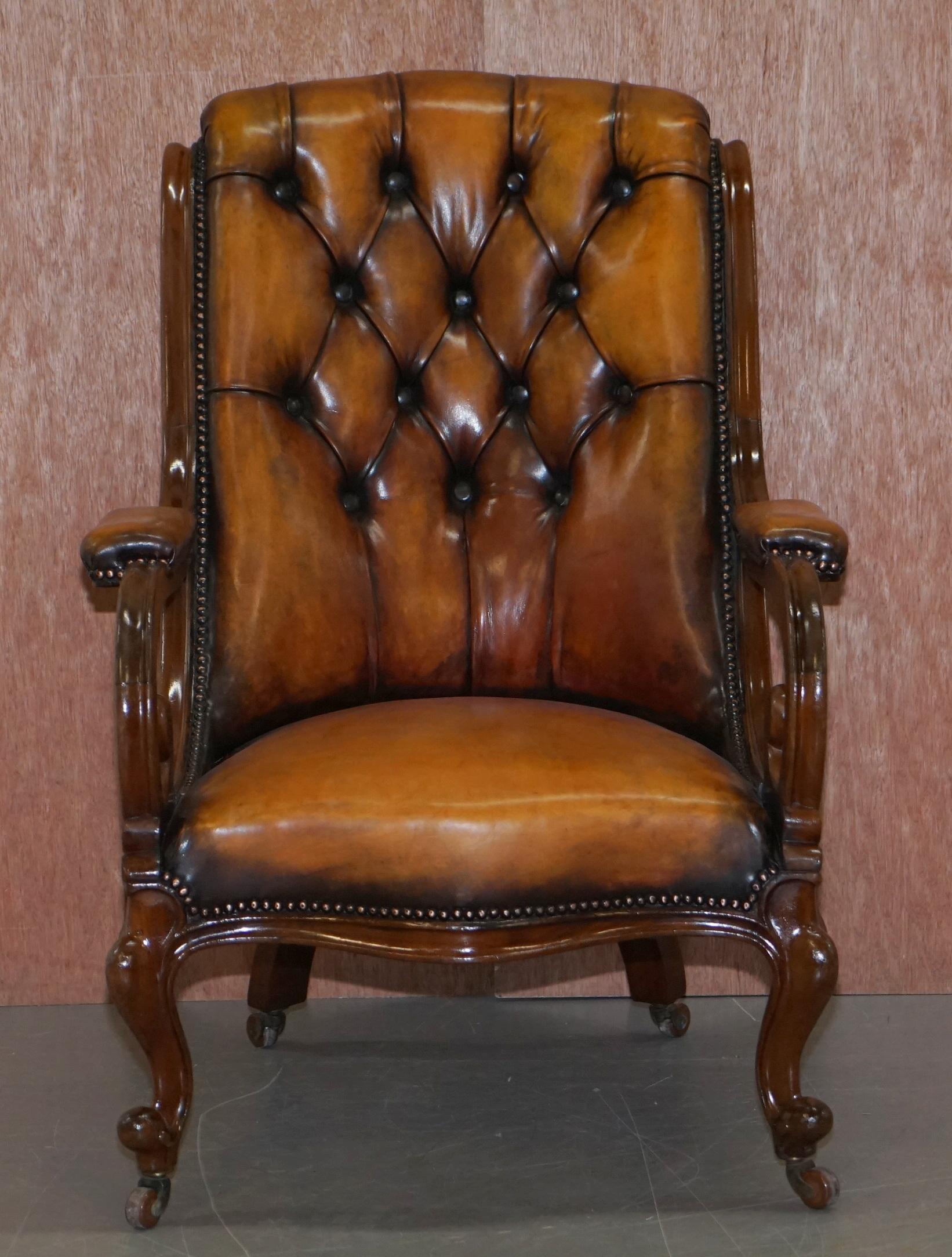 We are delighted to offer for sale this rare fully restored circa 1840 show framed Chesterfield tufted hand dyed brown leather library reading chair

This chair is really quite exquisite, its what’s called a show frame, cabinet makers would craft
