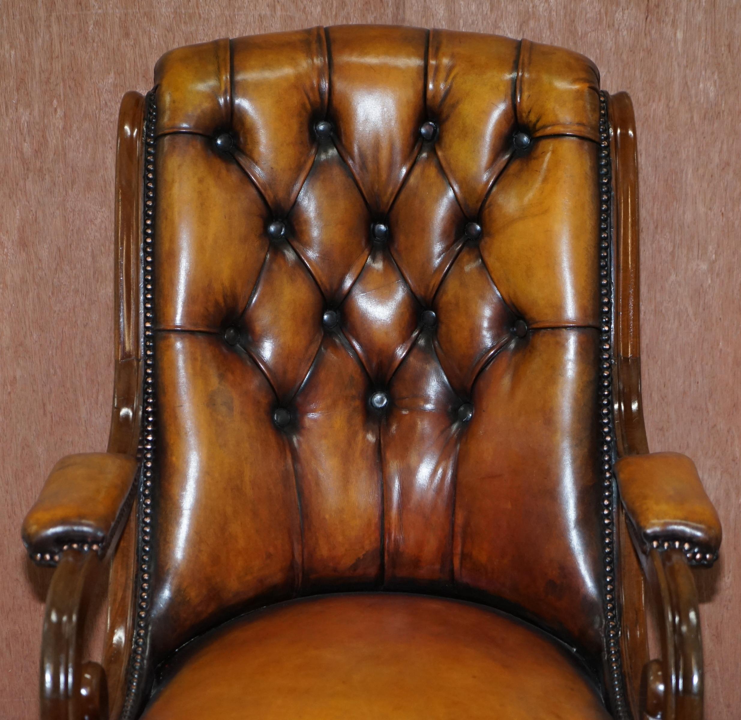 English Stunning Show Framed Early Victorian Chesterfield Brown Leather Library Armchair For Sale