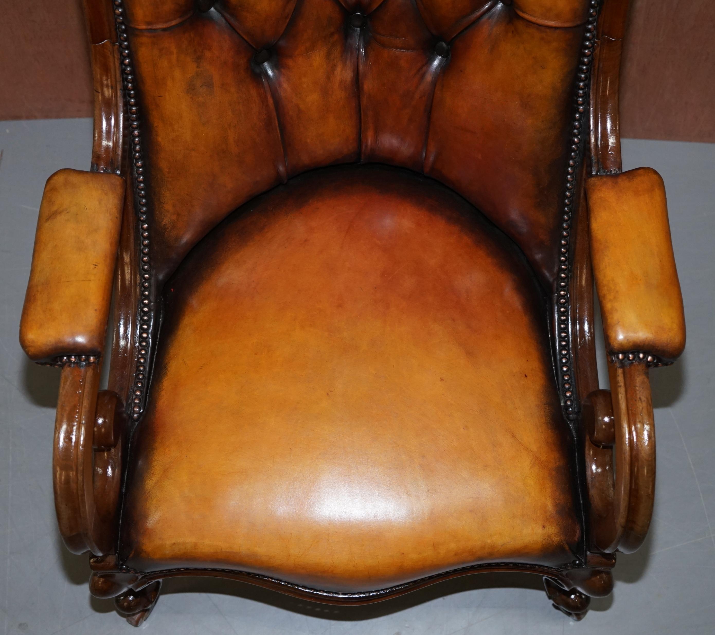 Hand-Crafted Stunning Show Framed Early Victorian Chesterfield Brown Leather Library Armchair For Sale