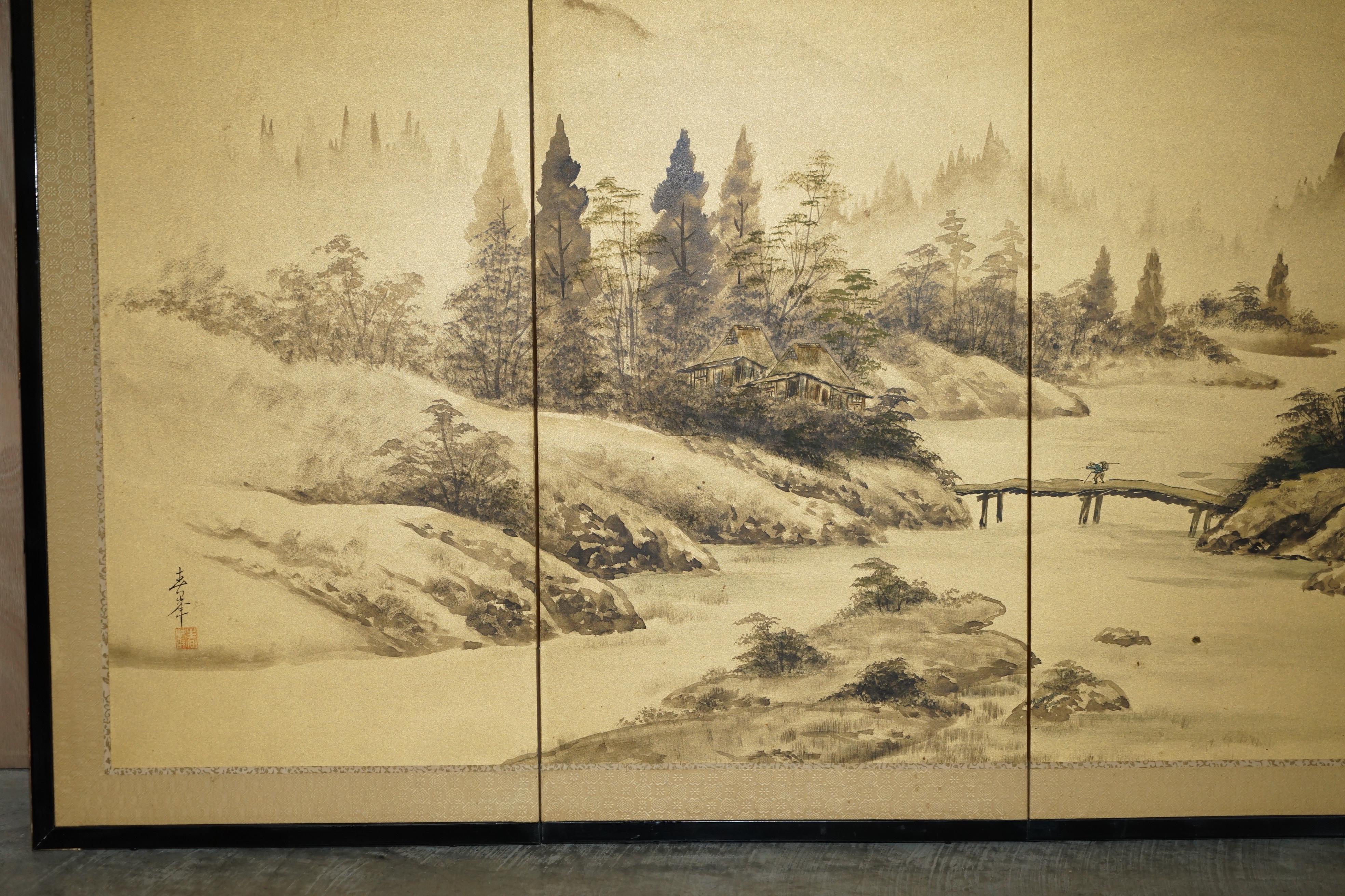 We are delighted to offer for sale this very nicely executed, hand signed, Japanese circa 1900 hand painted water colour on canvas four panel folding screen.

A very good looking and decorative piece, the water colour paintings depict a rural