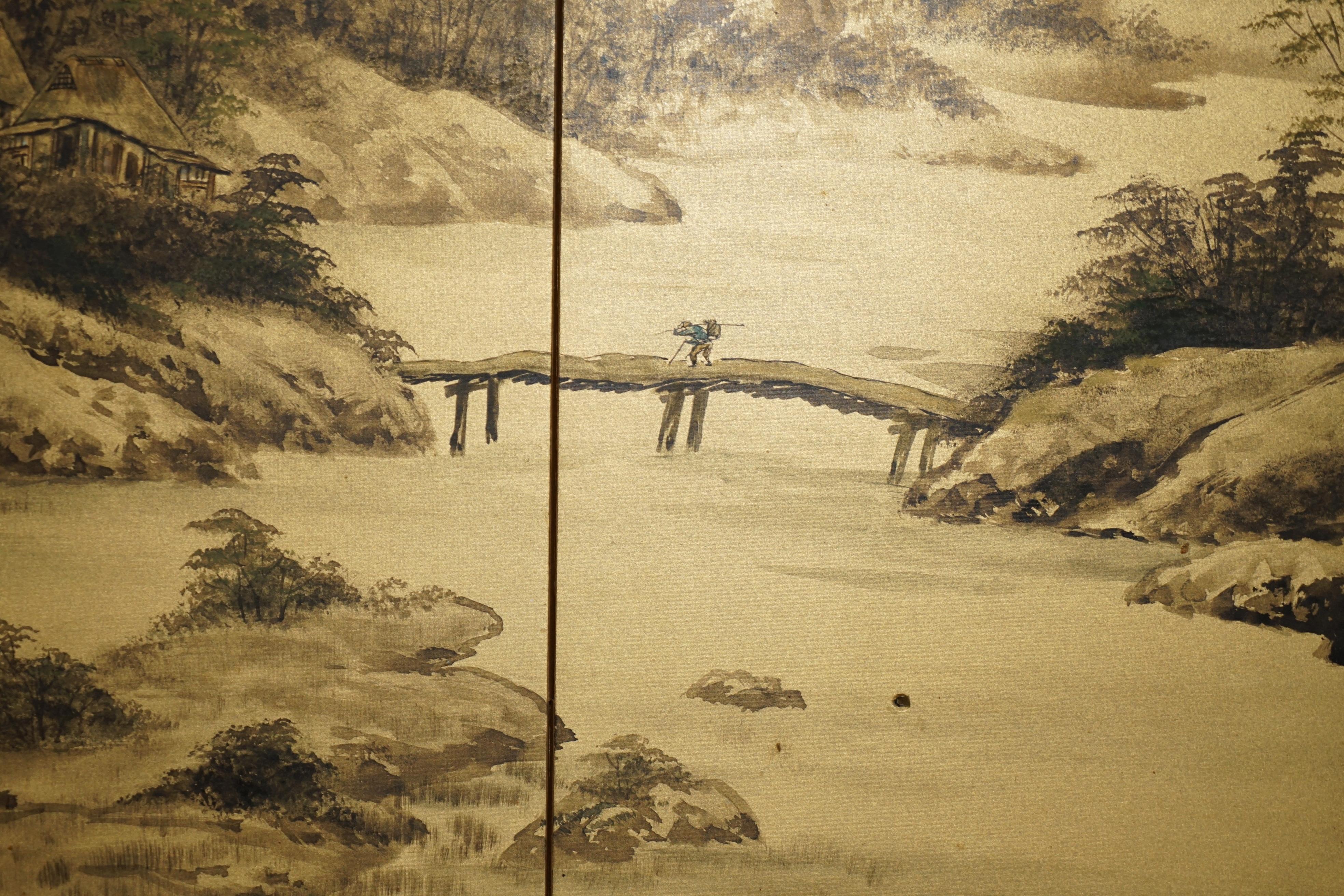 Canvas Stunning Signed Antique Japanese Watercolour Folding Screen / Wall Hanging