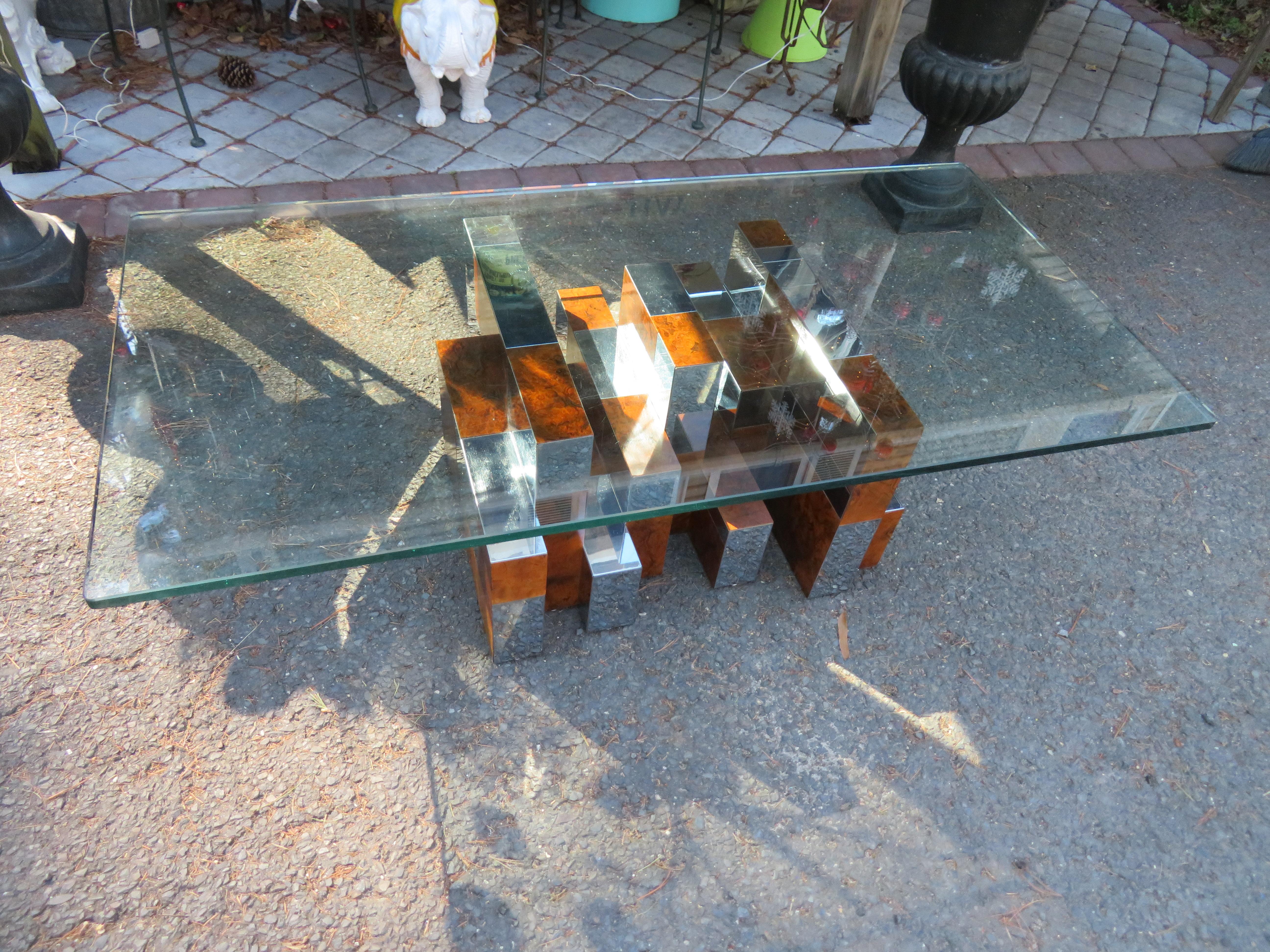 Stunning Signed Paul Evans Directional Burl and Chrome Cityscape Coffee Table For Sale 8