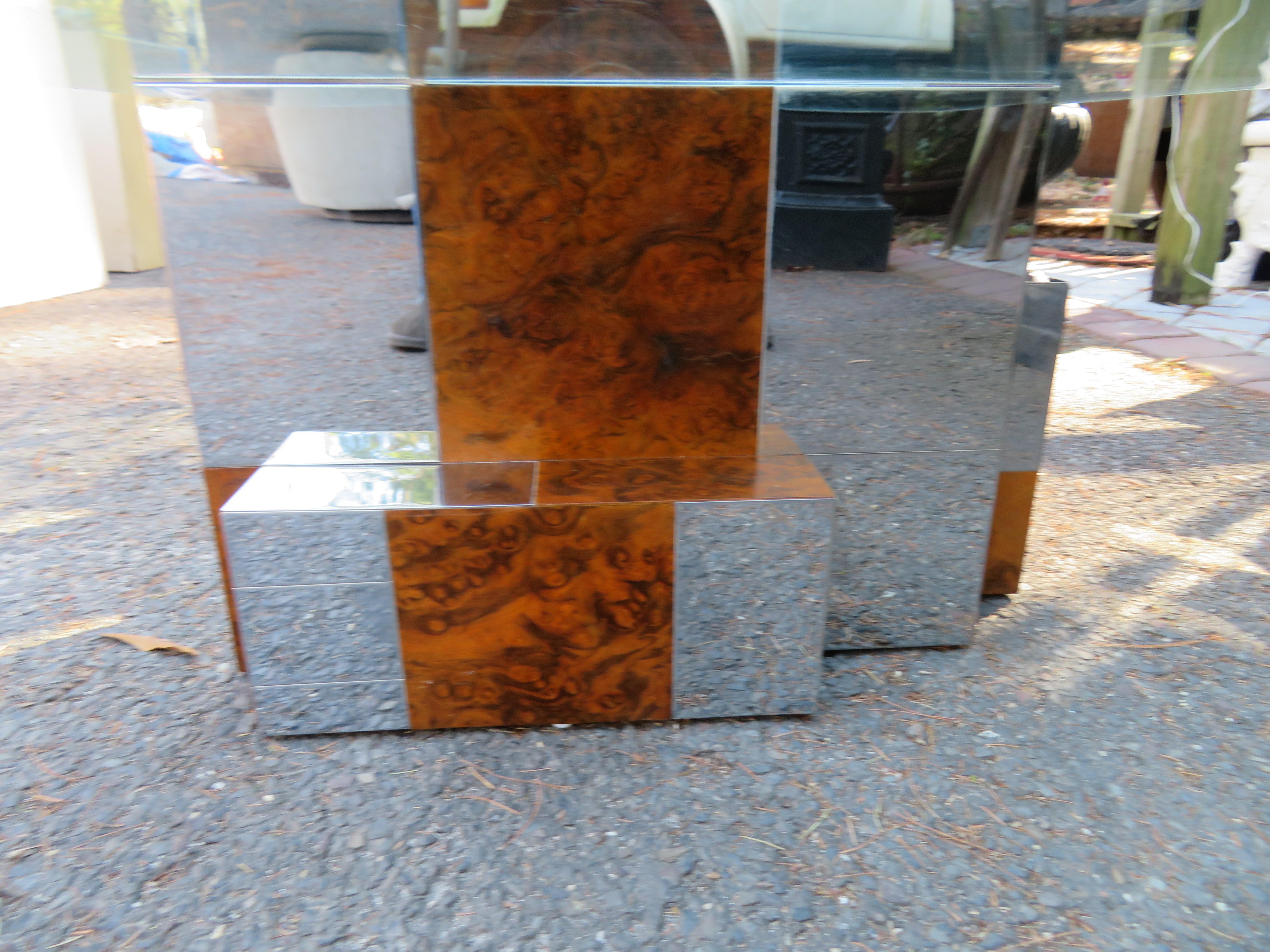 Late 20th Century Stunning Signed Paul Evans Directional Burl and Chrome Cityscape Coffee Table For Sale