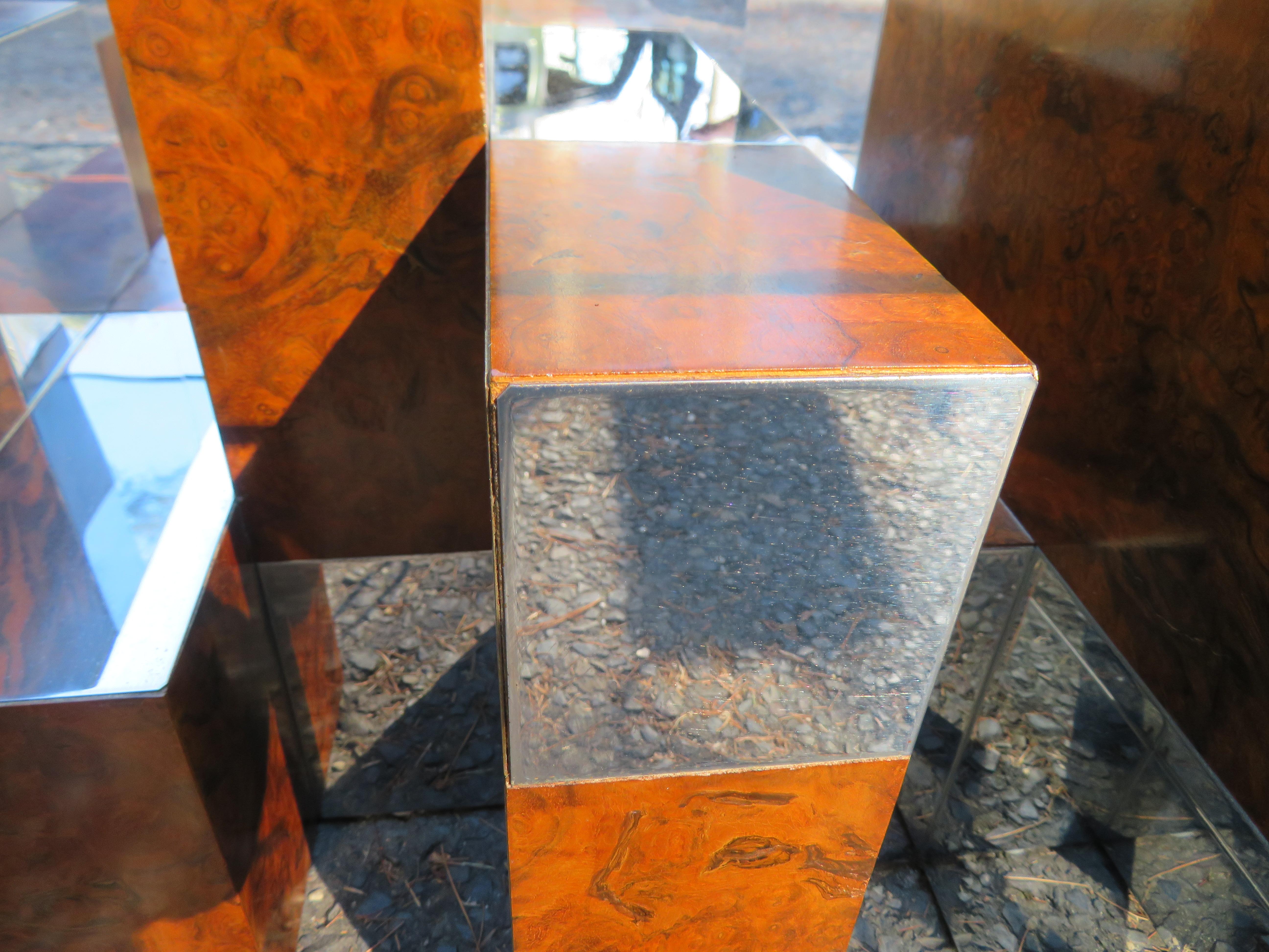 Stunning Signed Paul Evans Directional Burl and Chrome Cityscape Coffee Table For Sale 1