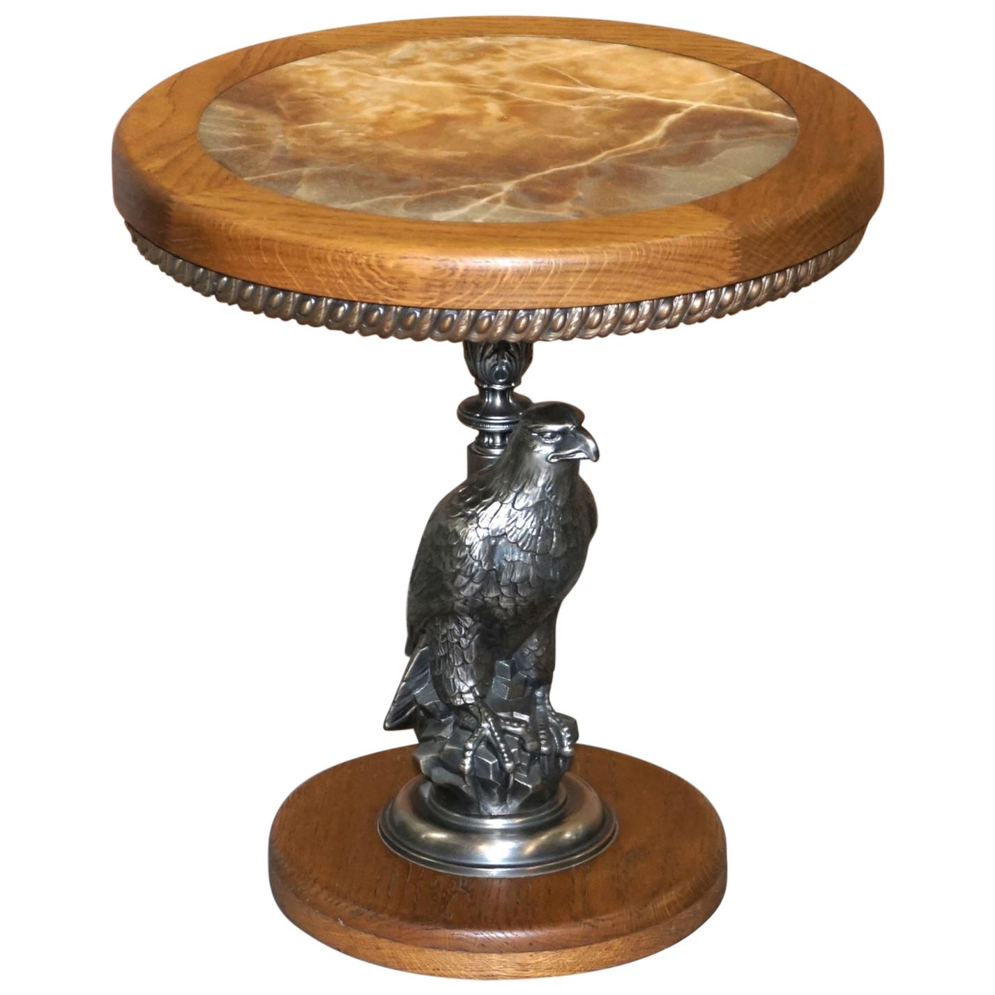 Stunning Silver Plated American Eagle with Marble-Top Side End Lamp Wine Table For Sale