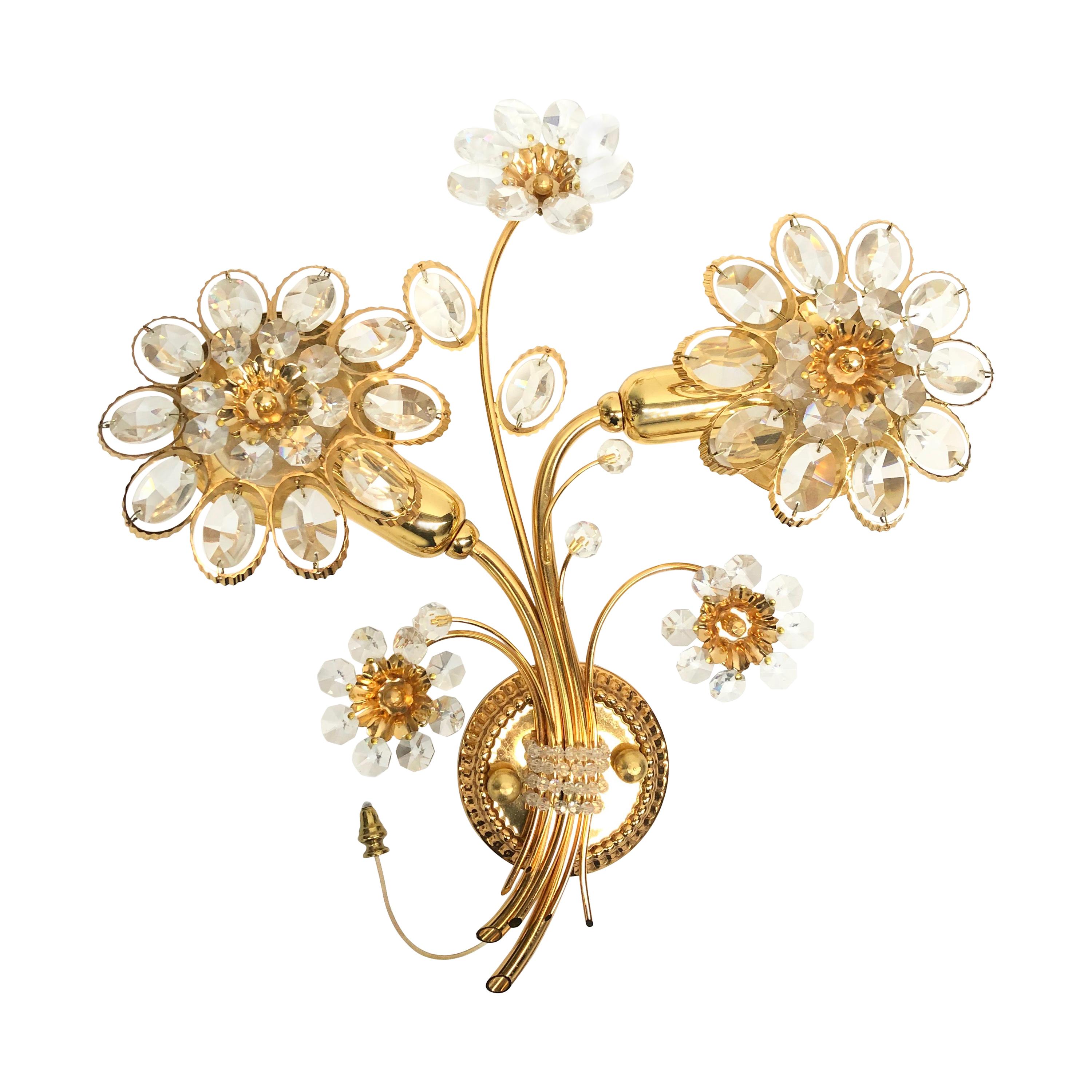 Stunning Single Vintage Gold-Plated "Palwa" Crystal Flower Sconces