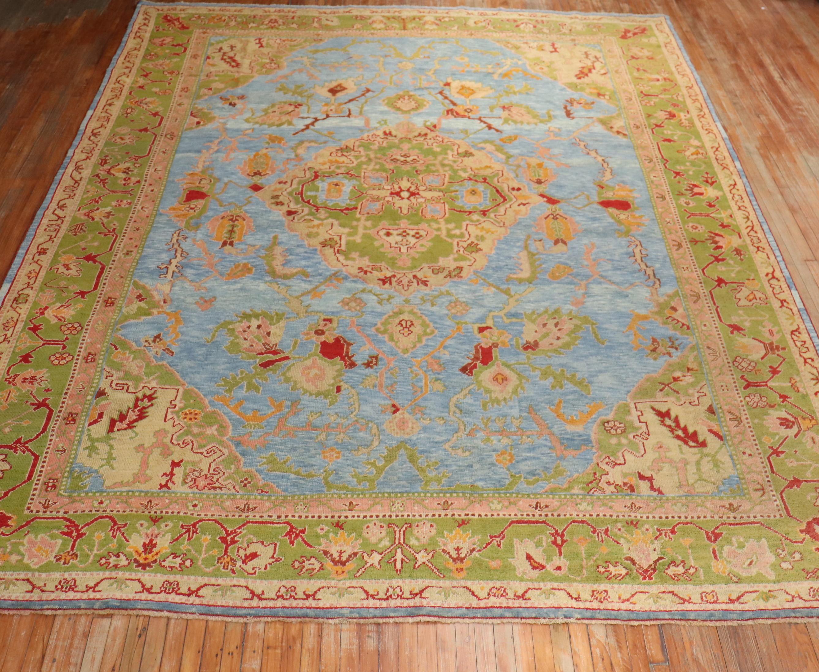 Stunning Sky Blue Antique Turkish Oushak Large Room Size Carpet For Sale 4