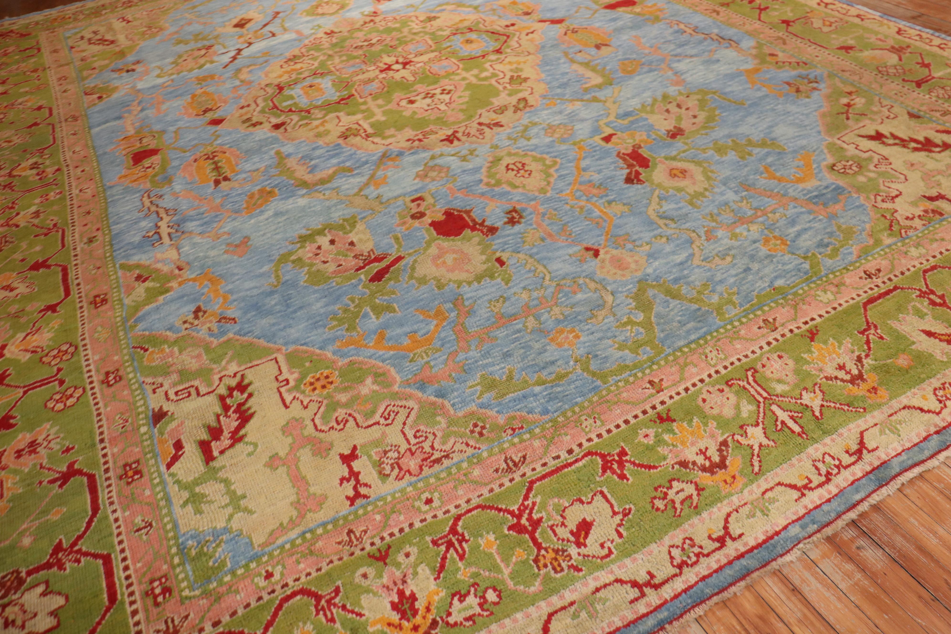 Agra Stunning Sky Blue Antique Turkish Oushak Large Room Size Carpet For Sale