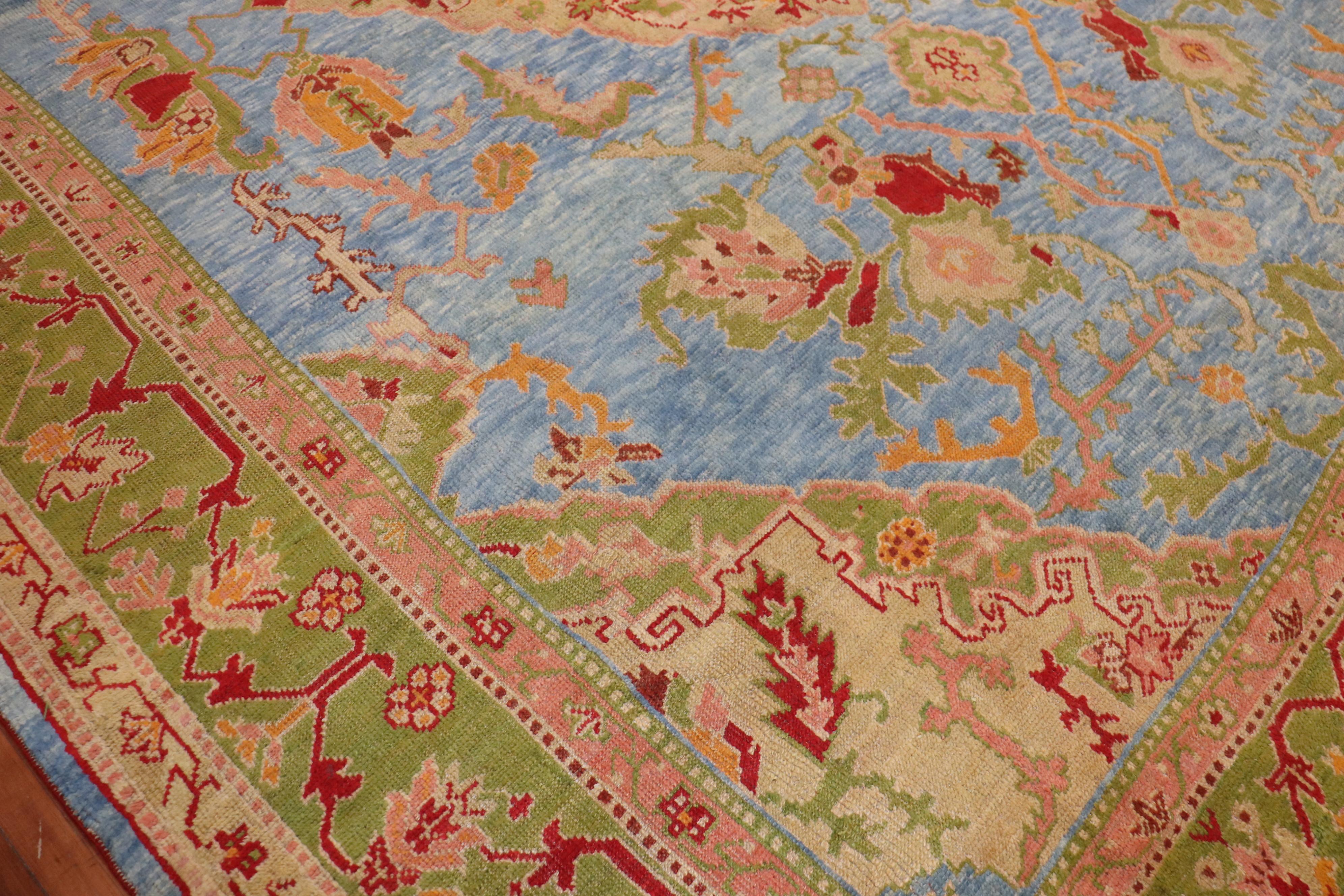 Hand-Knotted Stunning Sky Blue Antique Turkish Oushak Large Room Size Carpet For Sale