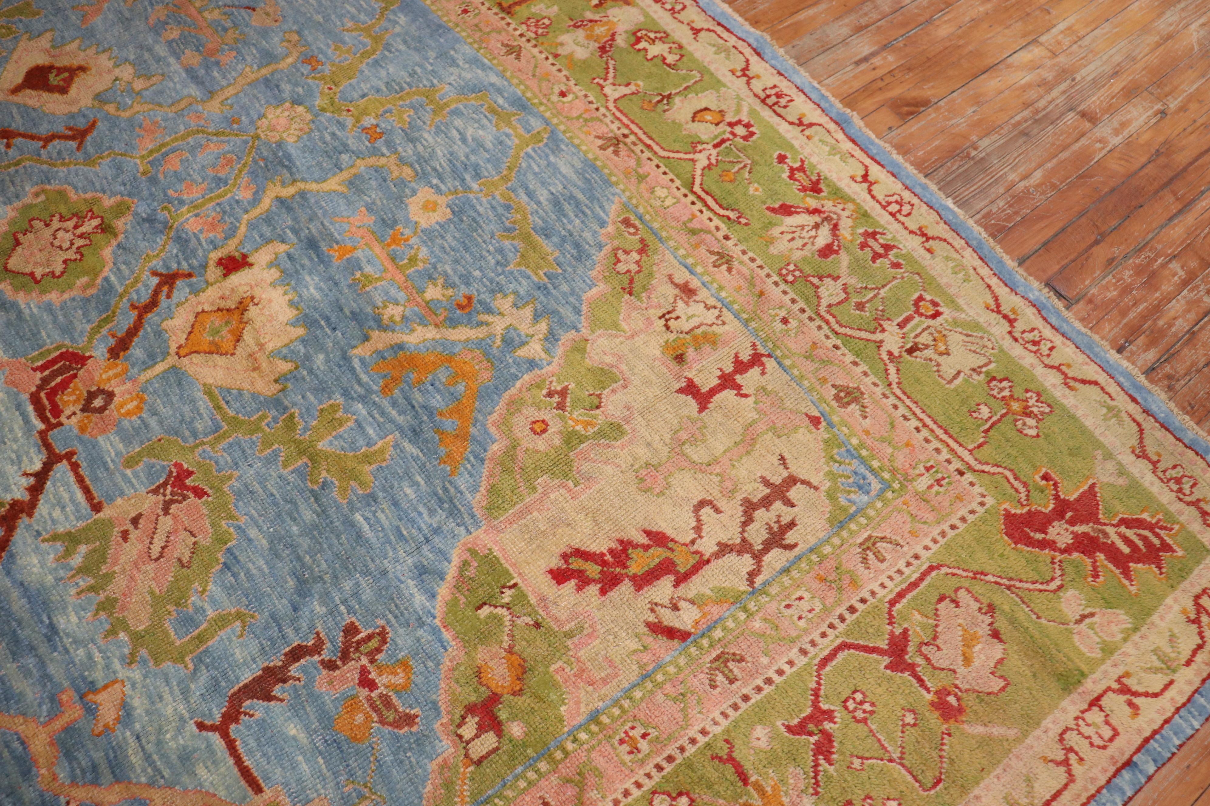 Stunning Sky Blue Antique Turkish Oushak Large Room Size Carpet In Good Condition For Sale In New York, NY