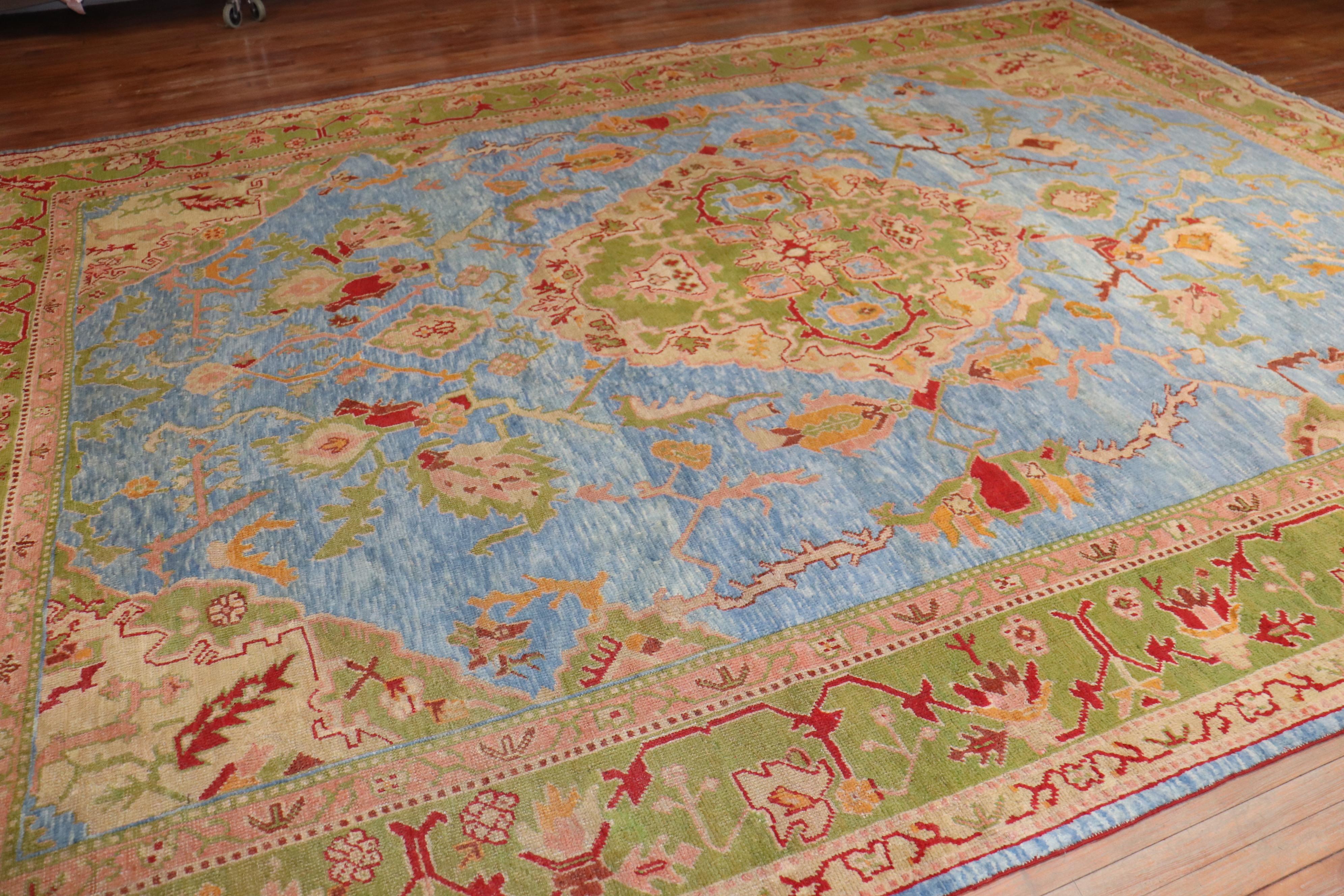 20th Century Stunning Sky Blue Antique Turkish Oushak Large Room Size Carpet For Sale