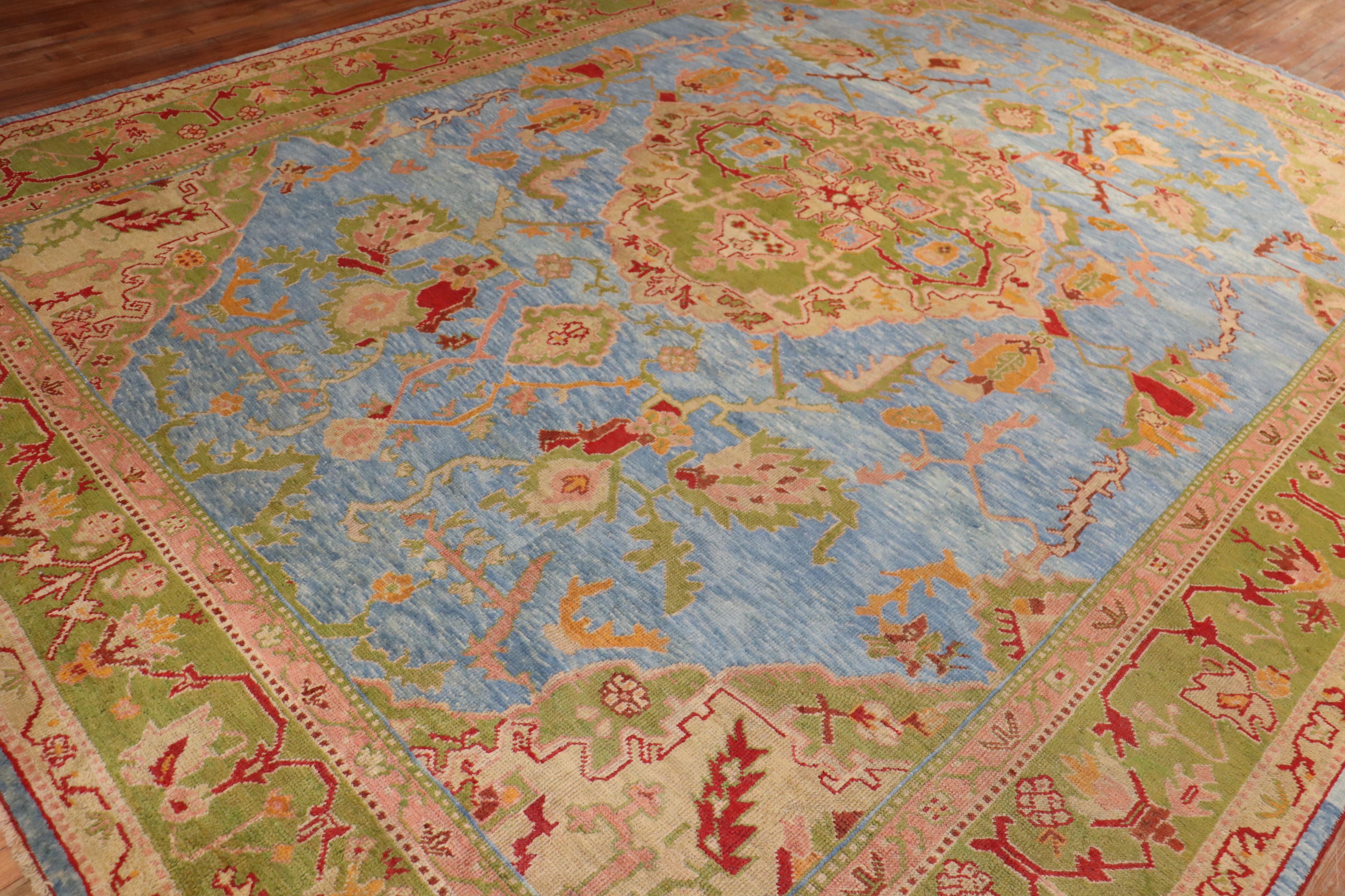 Wool Stunning Sky Blue Antique Turkish Oushak Large Room Size Carpet For Sale