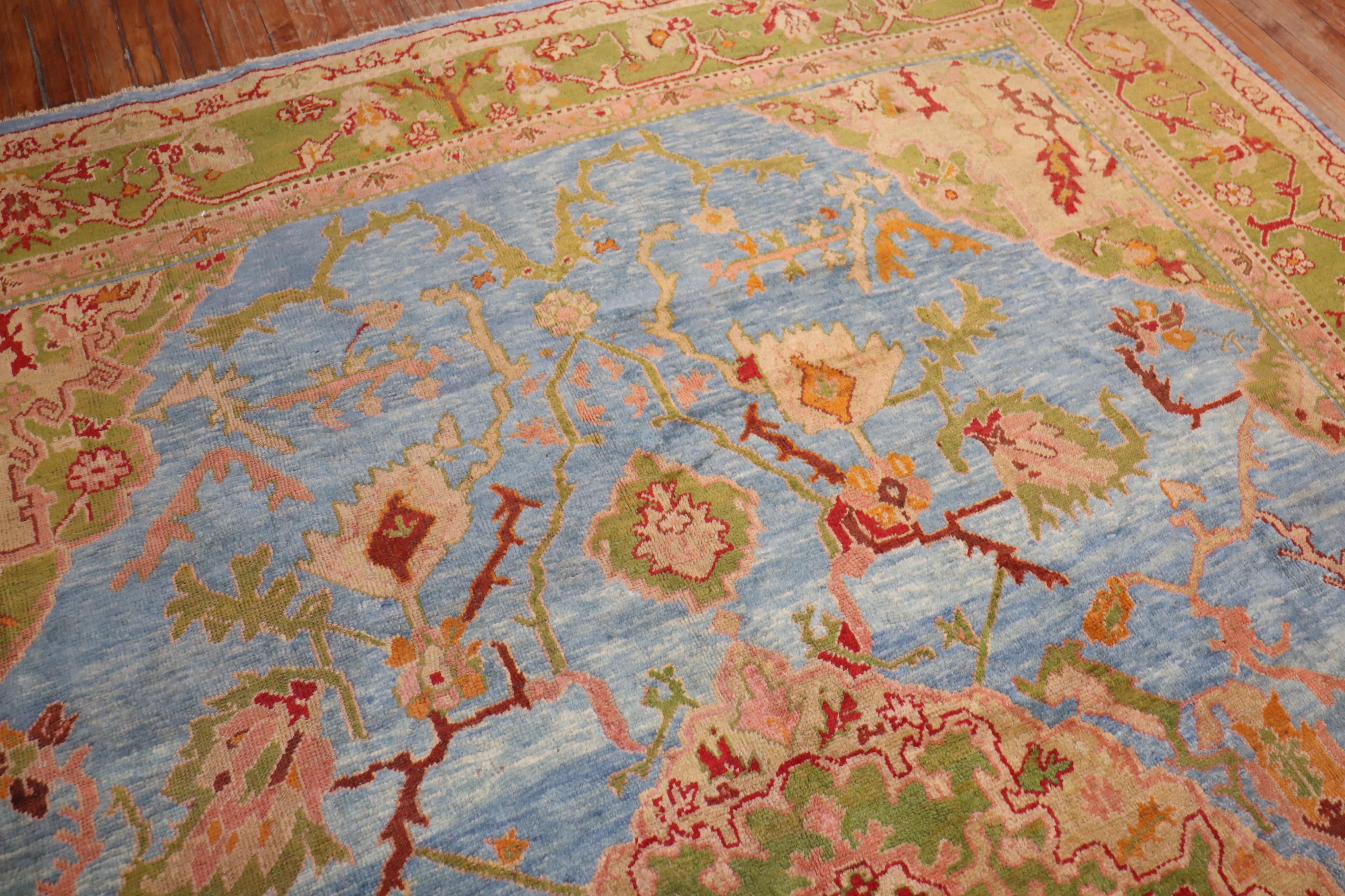 Stunning Sky Blue Antique Turkish Oushak Large Room Size Carpet For Sale 1