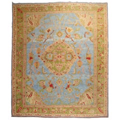 Superbe tapis turc ancien Oushak bleu ciel de grande taille