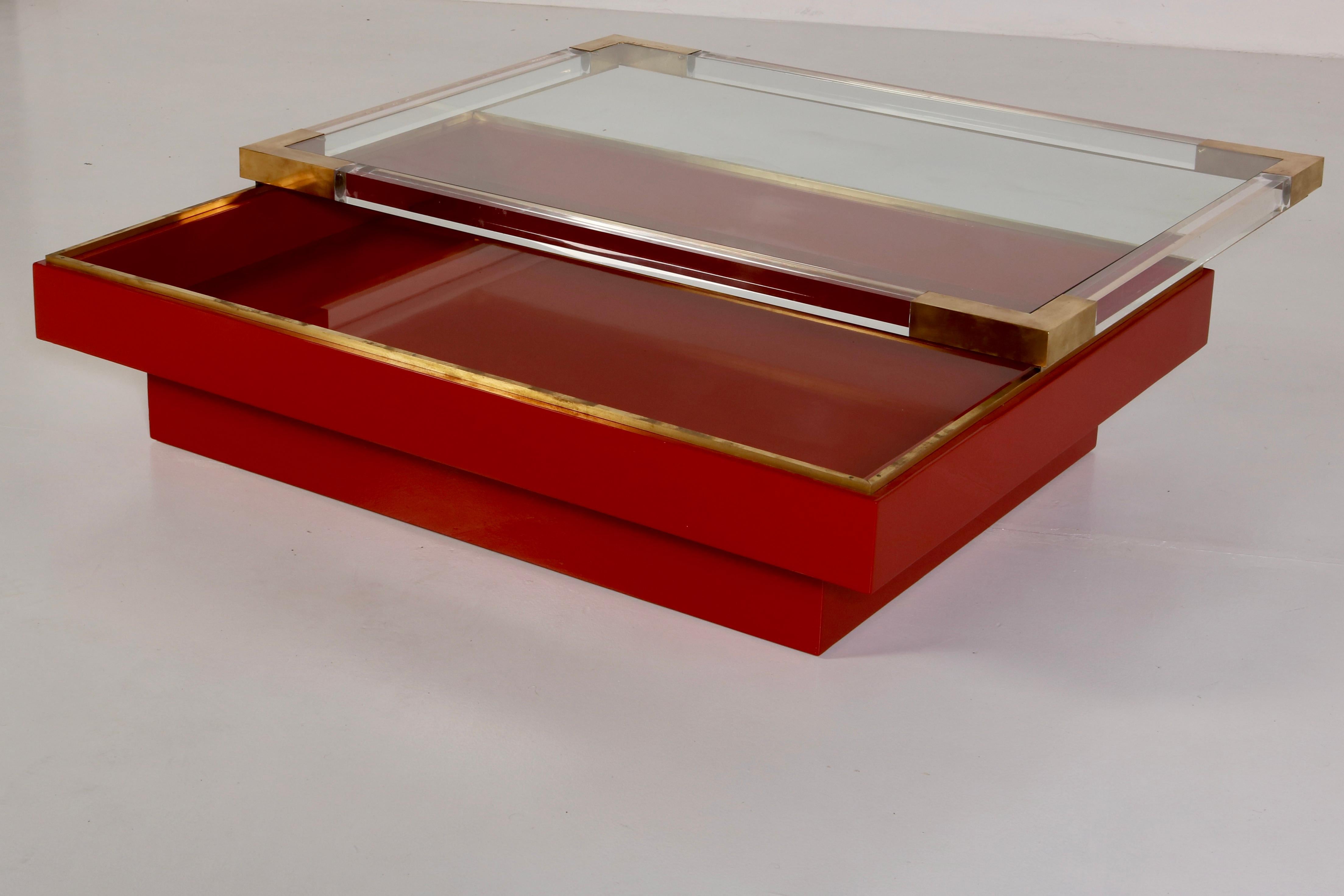 Brass Stunning Sliding Top Low Table in Red and Gold by Romeo Rega, Italian Design 70s For Sale