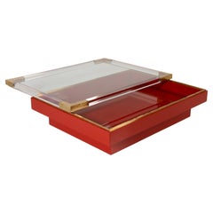 Stunning Sliding Top Low Table in Red and Gold by Romeo Rega, Italian Design 70s