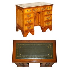 STUNNING SMALL BURR & BURL YEW WOOD WiTH GREEN LEATHER TOP TWIN PEDESTAL DESK