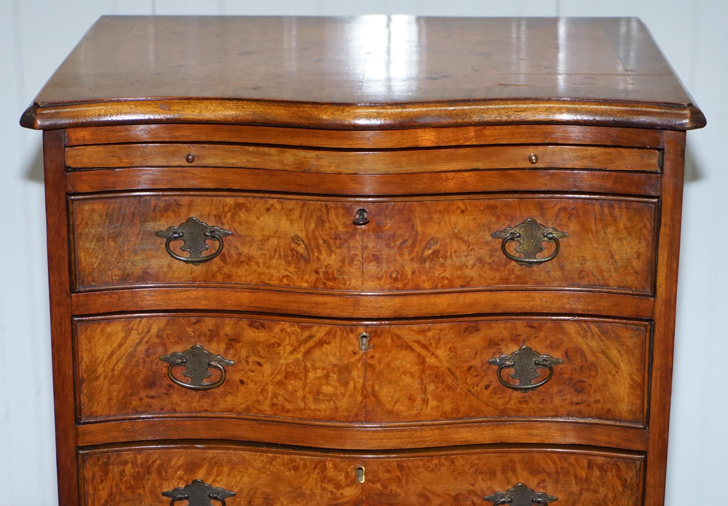 Glass Stunning Small Burr Walnut Chest of Drawers with Butlers Tray Bedside Table