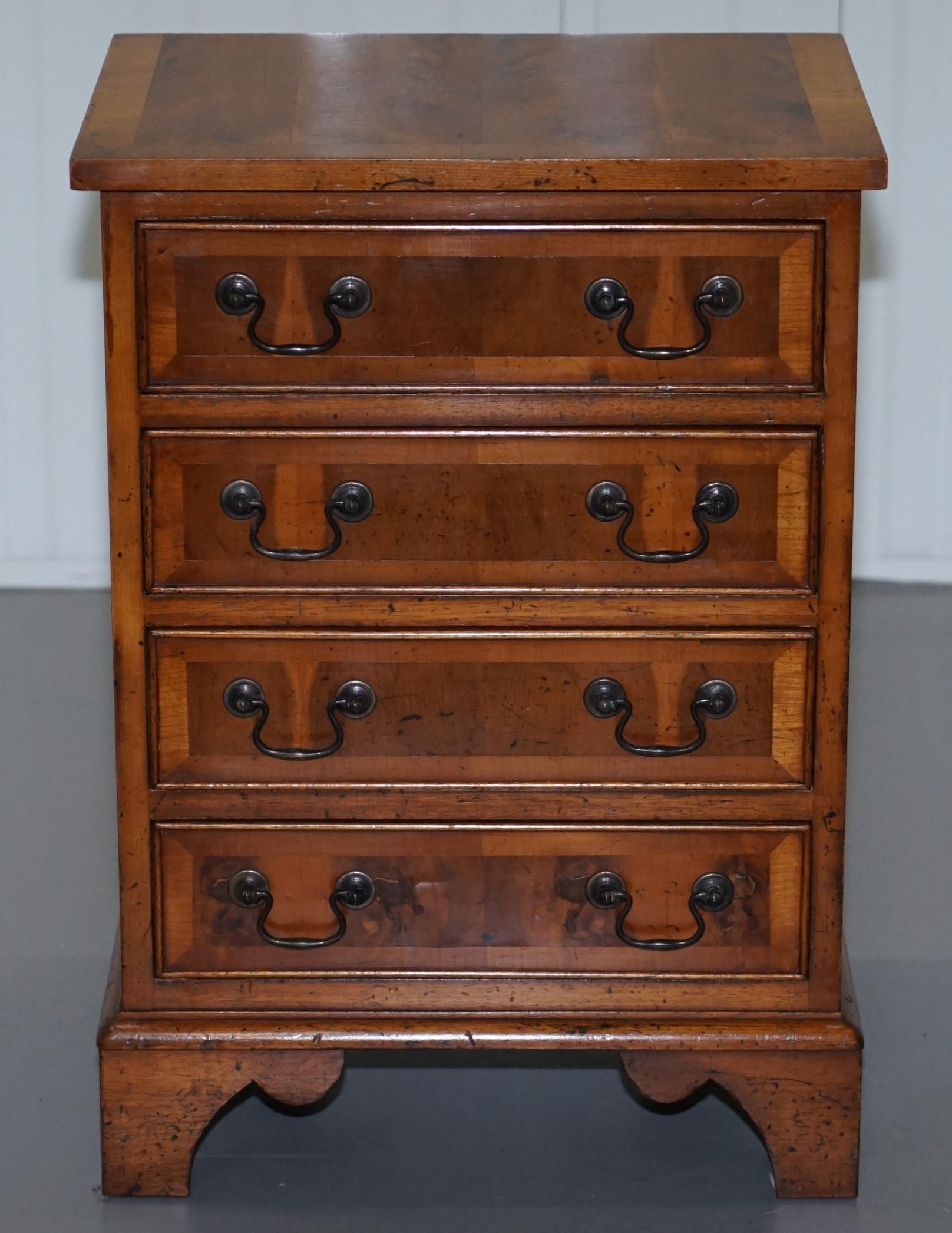 We are delighted to this very nice vintage Burr Yew small chest of drawers made in the Georgian style

A good looking and well made piece, it is very versatile, I see it being used as a luxury lamp or wine table but naturally it could be a bedside