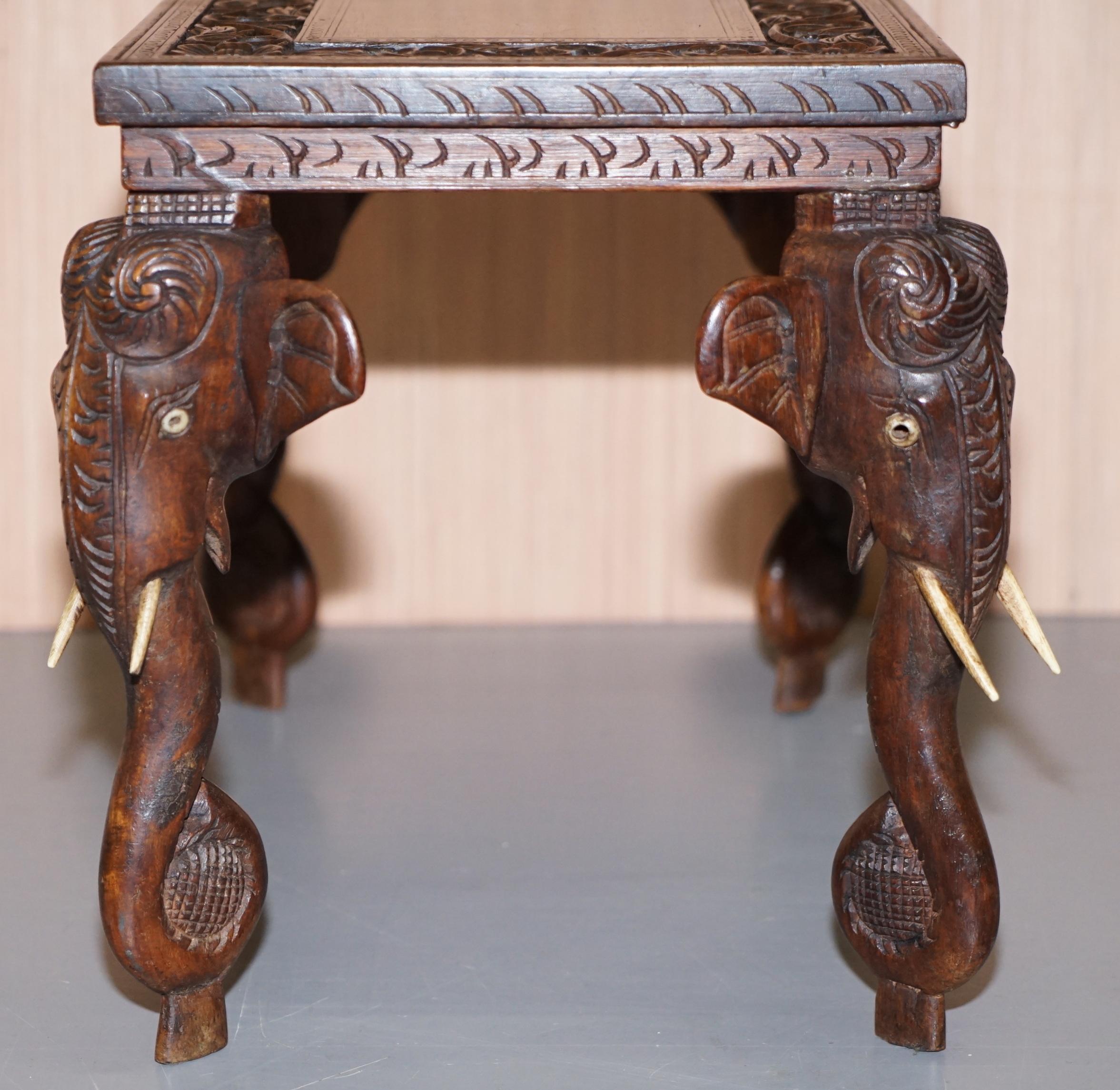 Stunning Small circa 1900 Anglo-Indian Elephant Hand Carved Hardwood Side Table 7