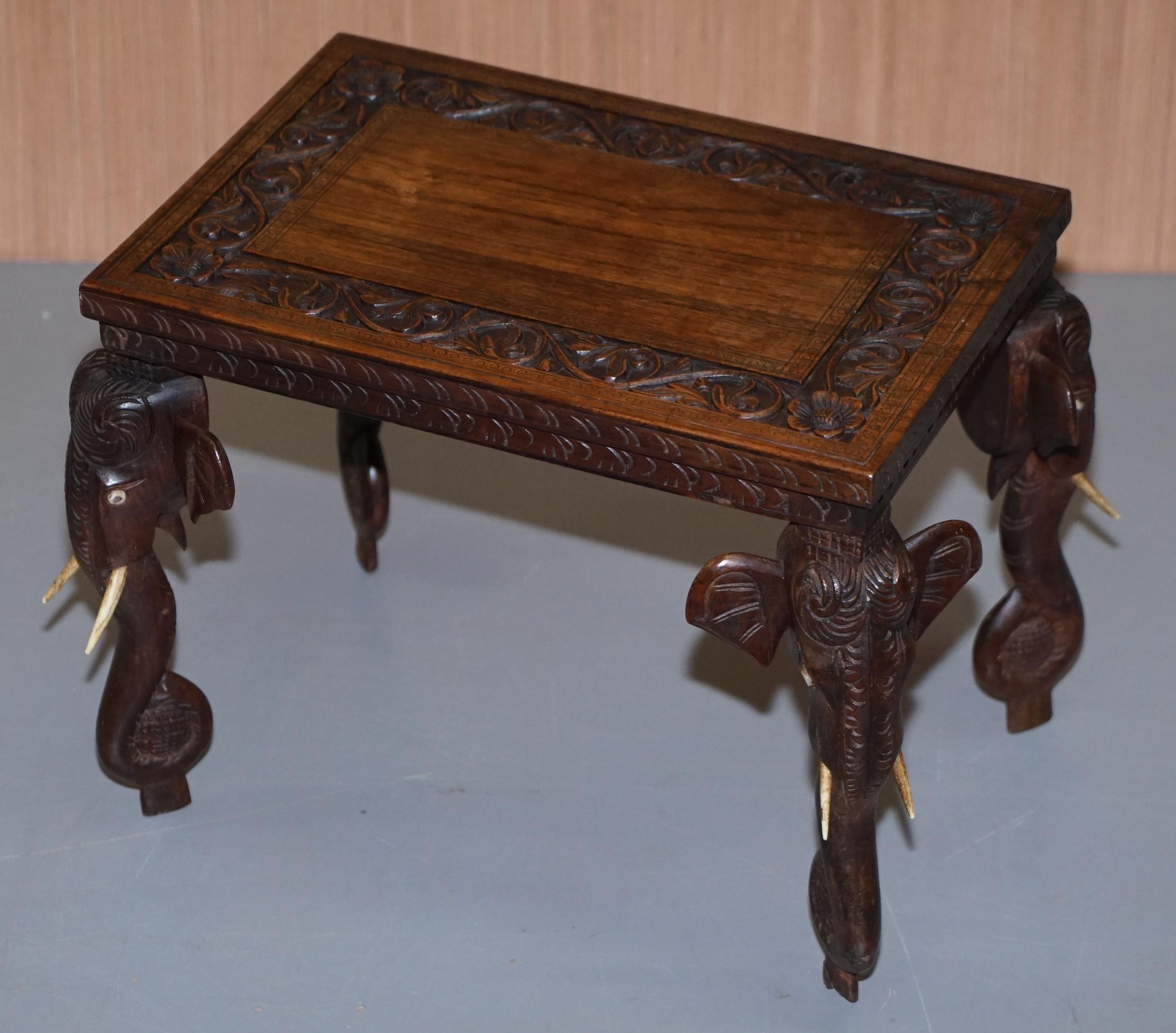 Hand-Crafted Stunning Small circa 1900 Anglo-Indian Elephant Hand Carved Hardwood Side Table