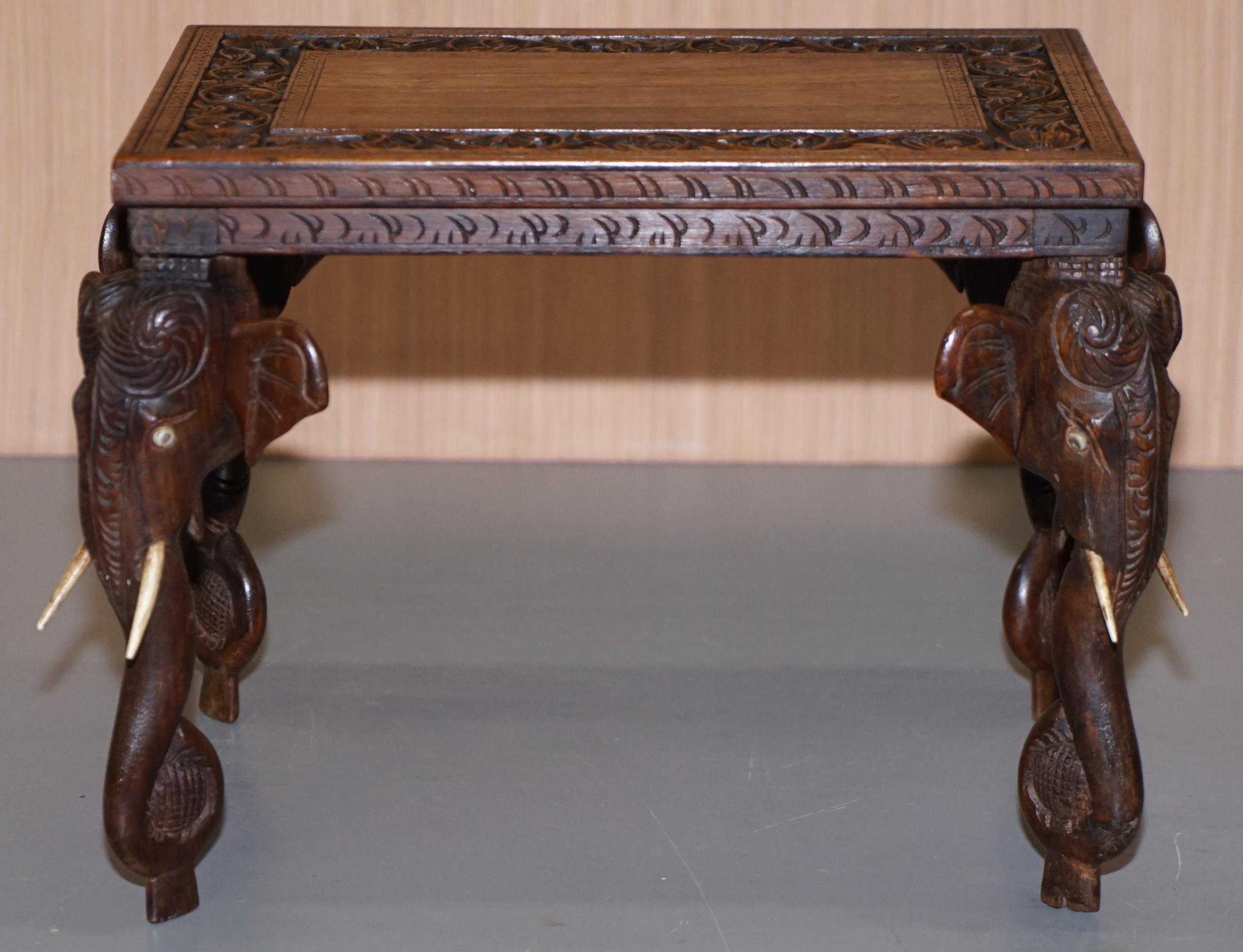Stunning Small circa 1900 Anglo-Indian Elephant Hand Carved Hardwood Side Table 2