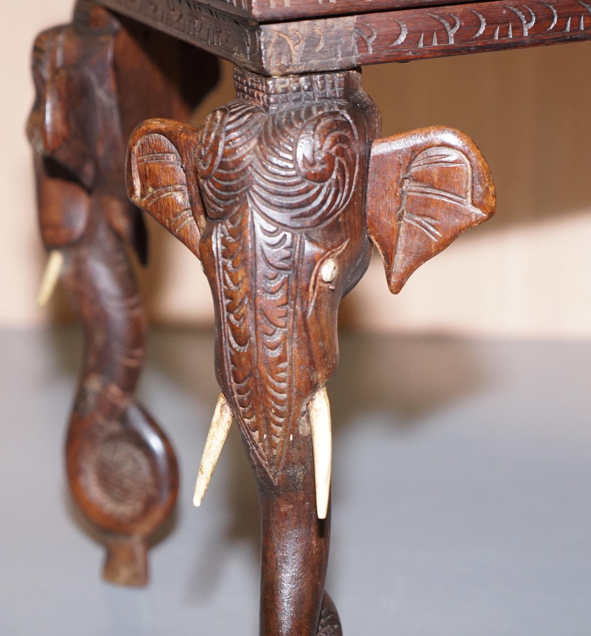 Stunning Small circa 1900 Anglo-Indian Elephant Hand Carved Hardwood Side Table 4