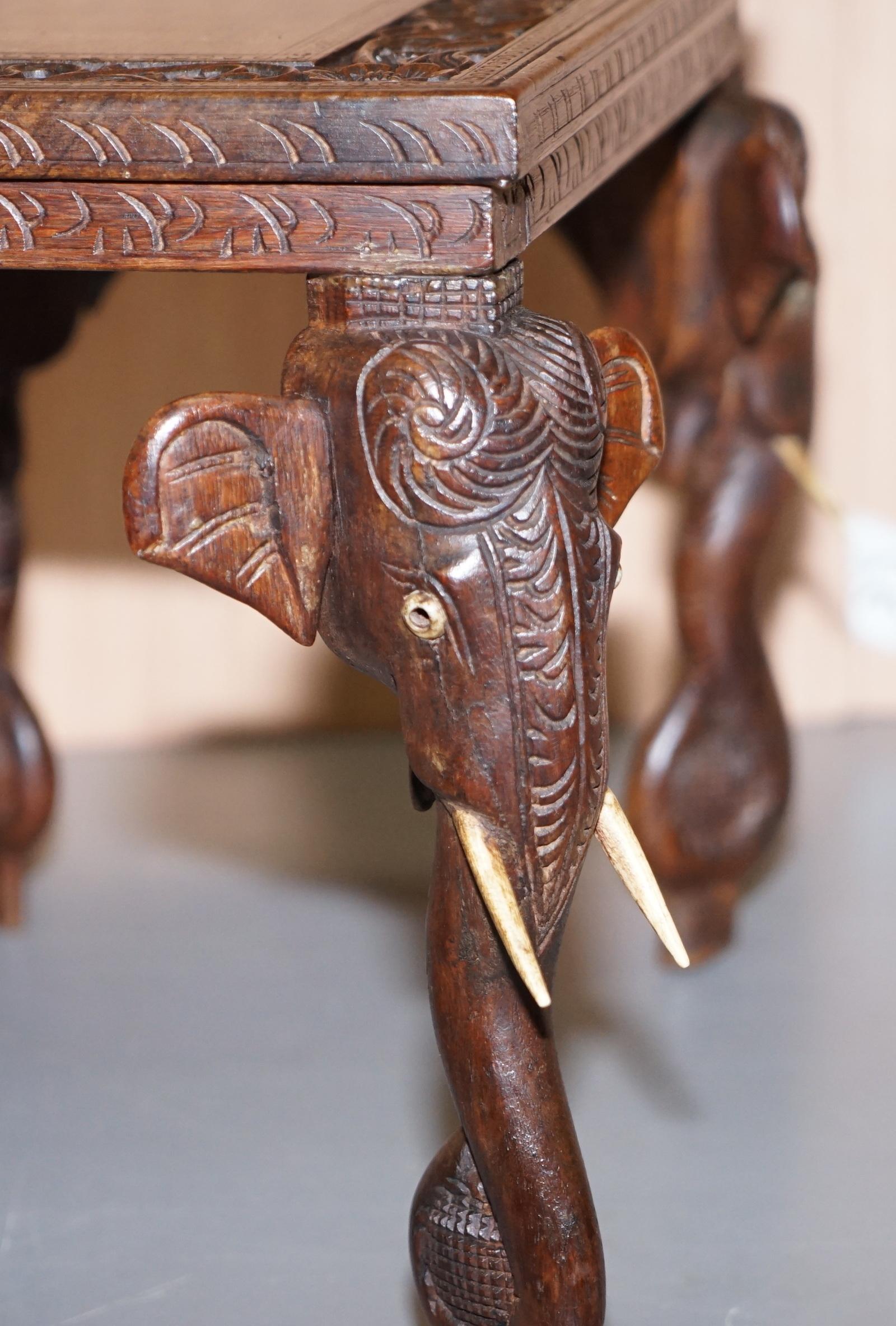 Stunning Small circa 1900 Anglo-Indian Elephant Hand Carved Hardwood Side Table 5
