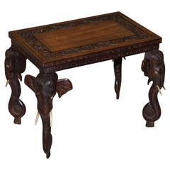 Antique Stunning Small circa 1900 Anglo-Indian Elephant Hand Carved Hardwood Side Table