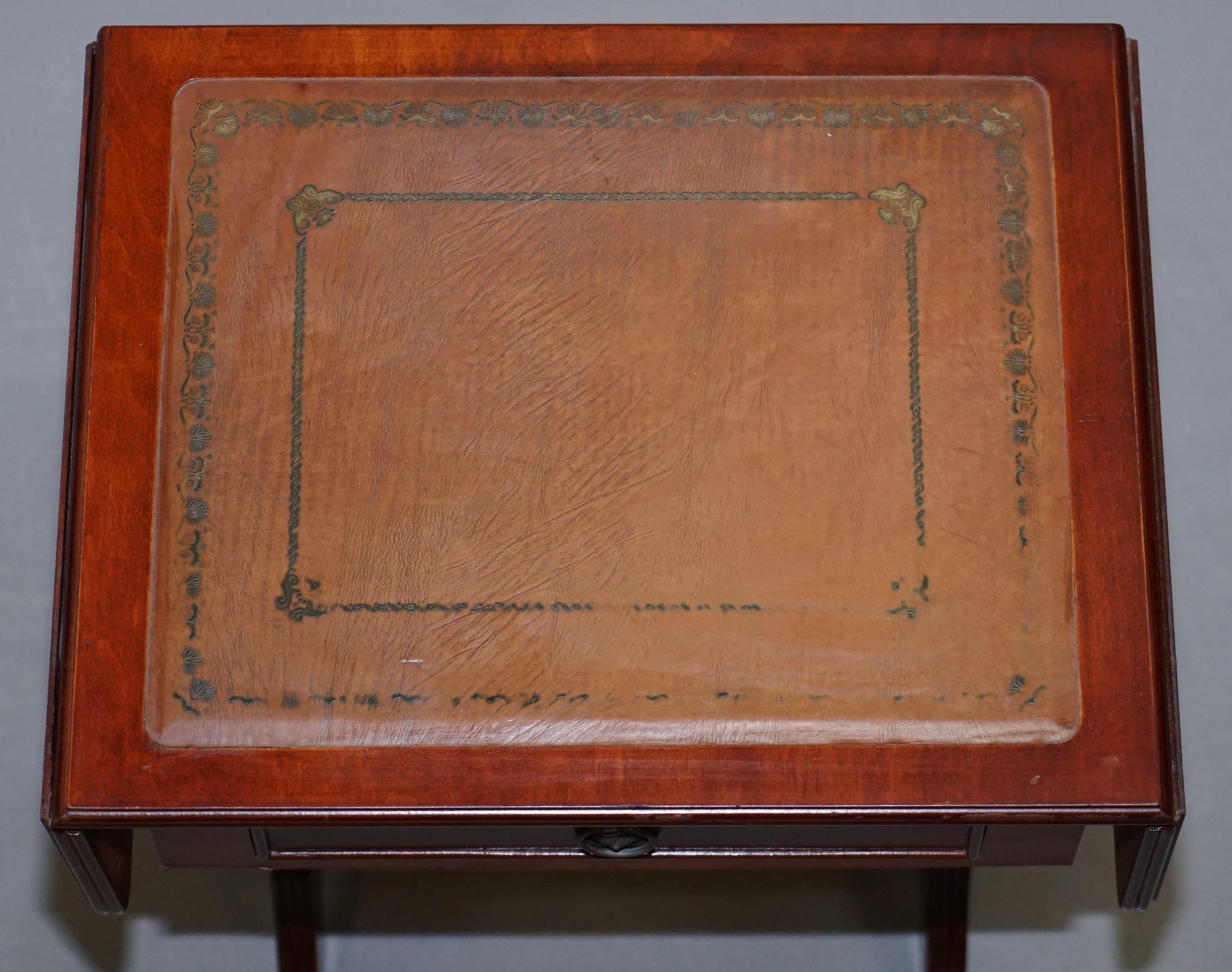 Stunning Small Side Table with Extending Brown Leather Gold Leaf Embossed Top 4