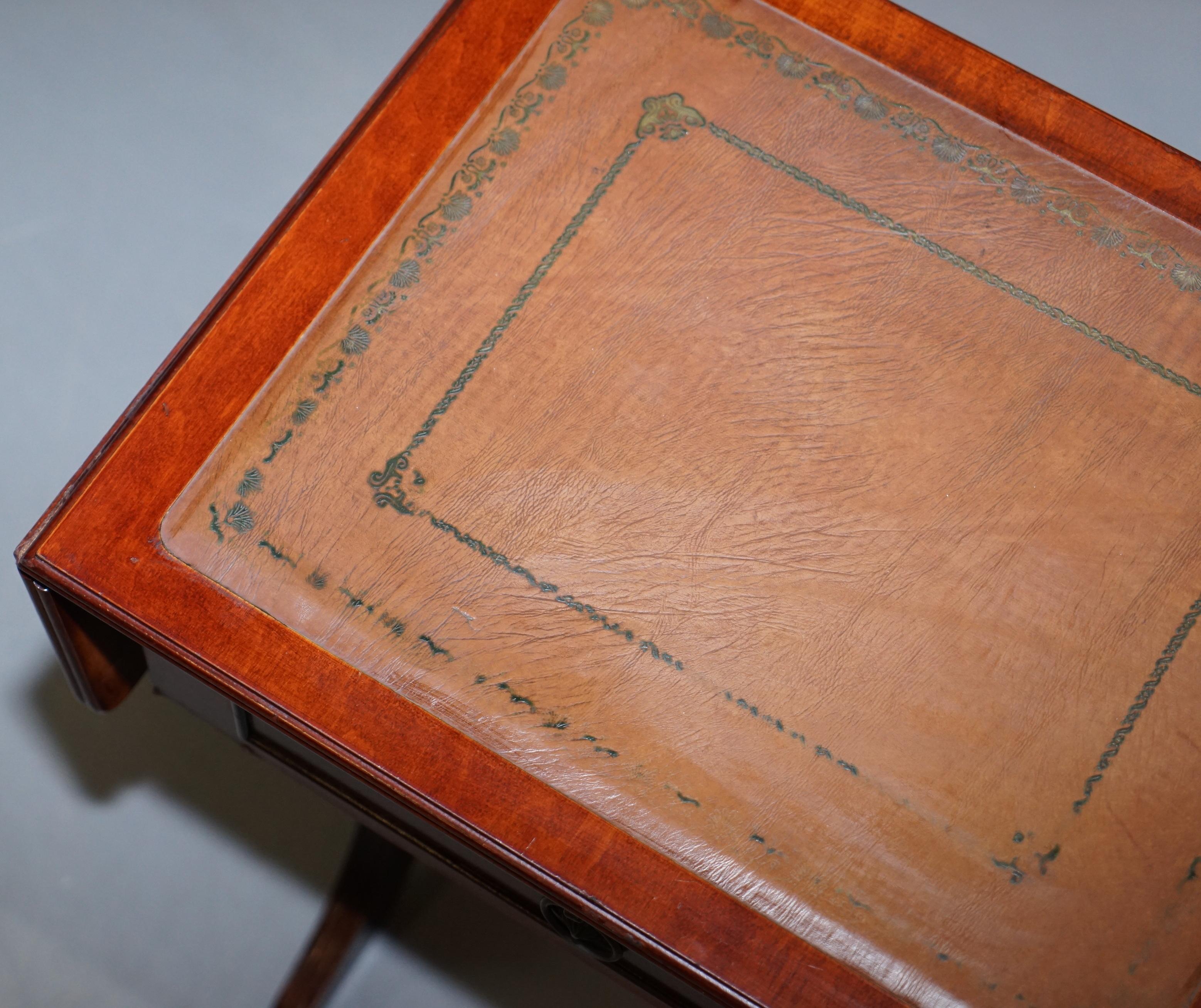 Stunning Small Side Table with Extending Brown Leather Gold Leaf Embossed Top 5