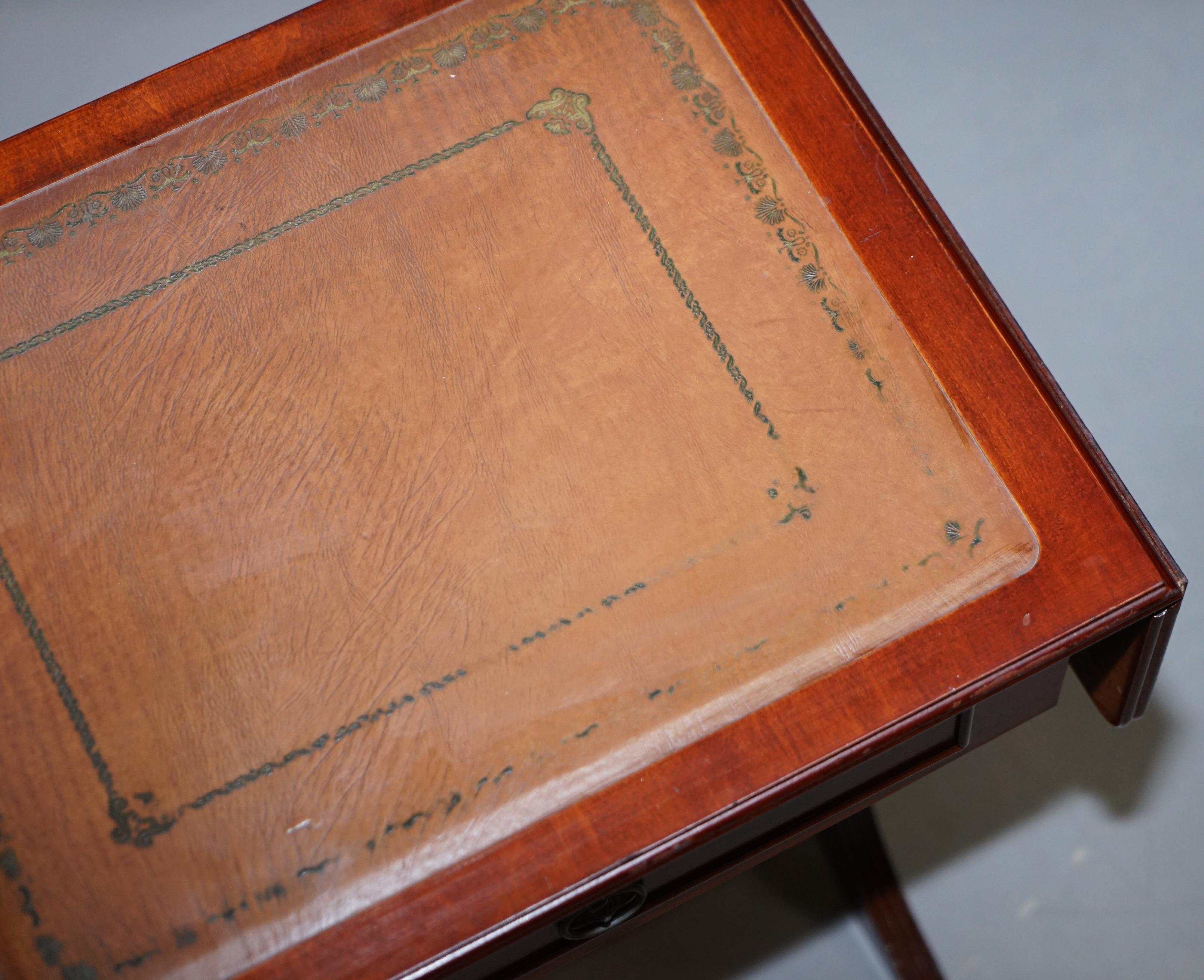 Stunning Small Side Table with Extending Brown Leather Gold Leaf Embossed Top 6