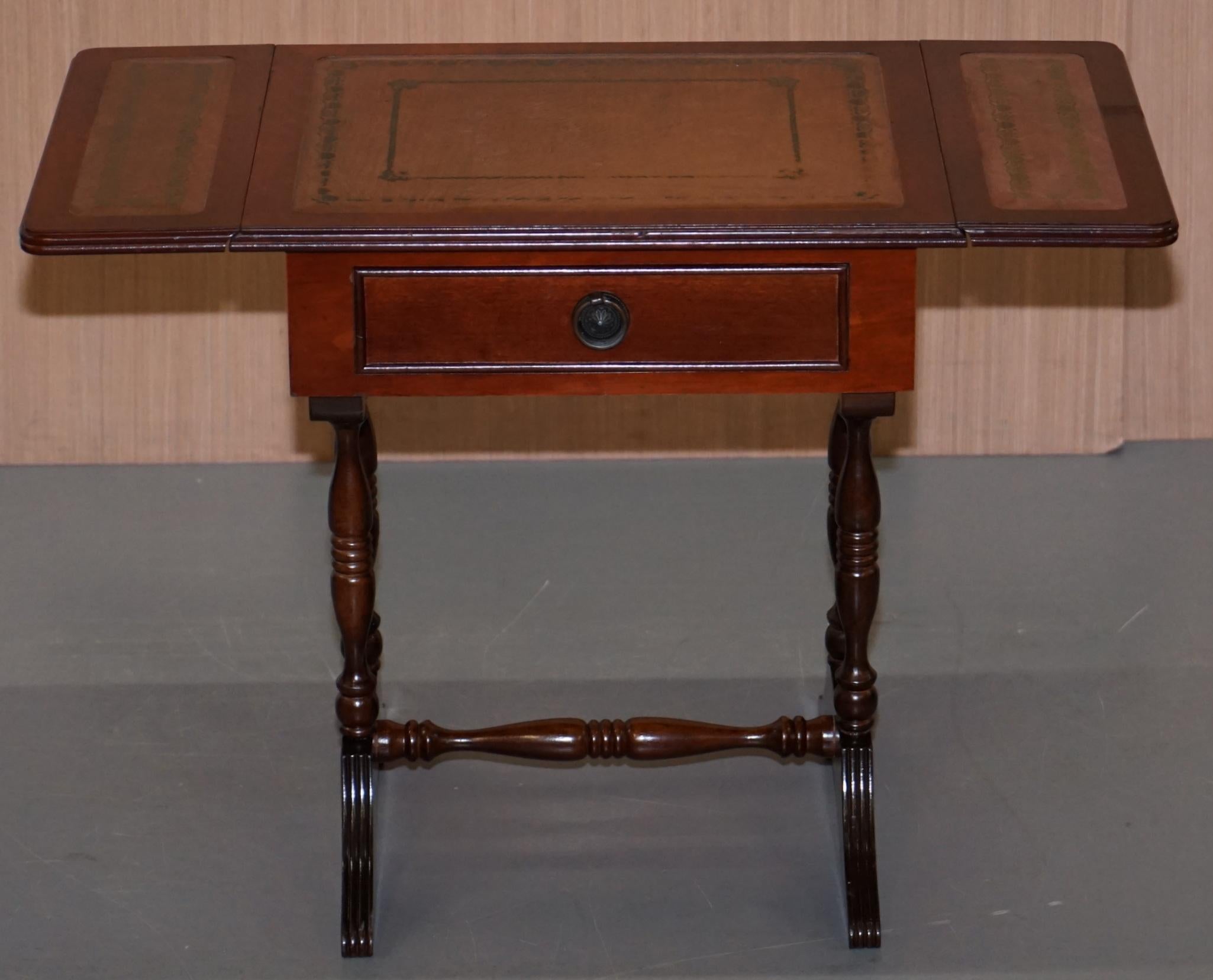 Stunning Small Side Table with Extending Brown Leather Gold Leaf Embossed Top 8