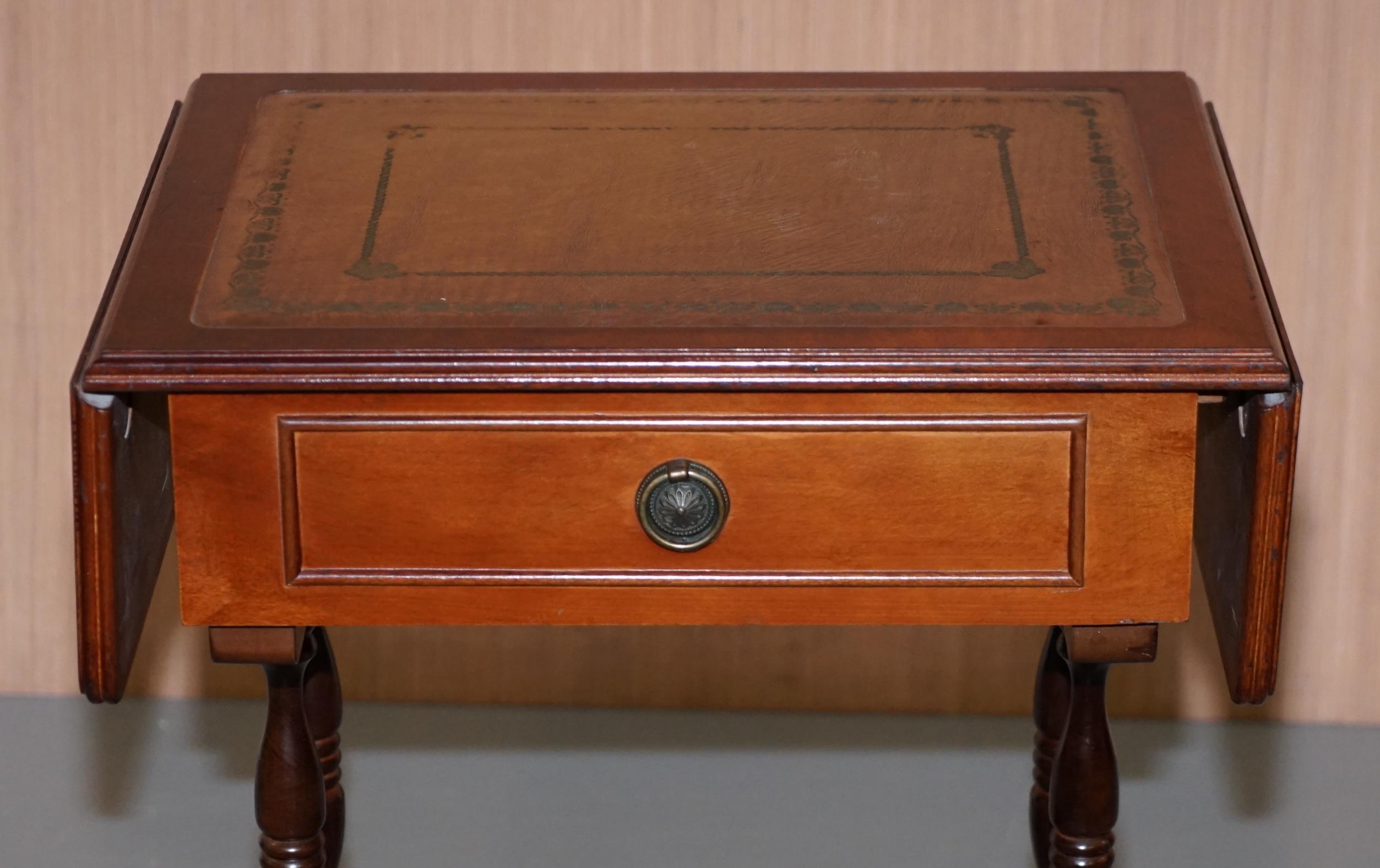 Hand-Crafted Stunning Small Side Table with Extending Brown Leather Gold Leaf Embossed Top