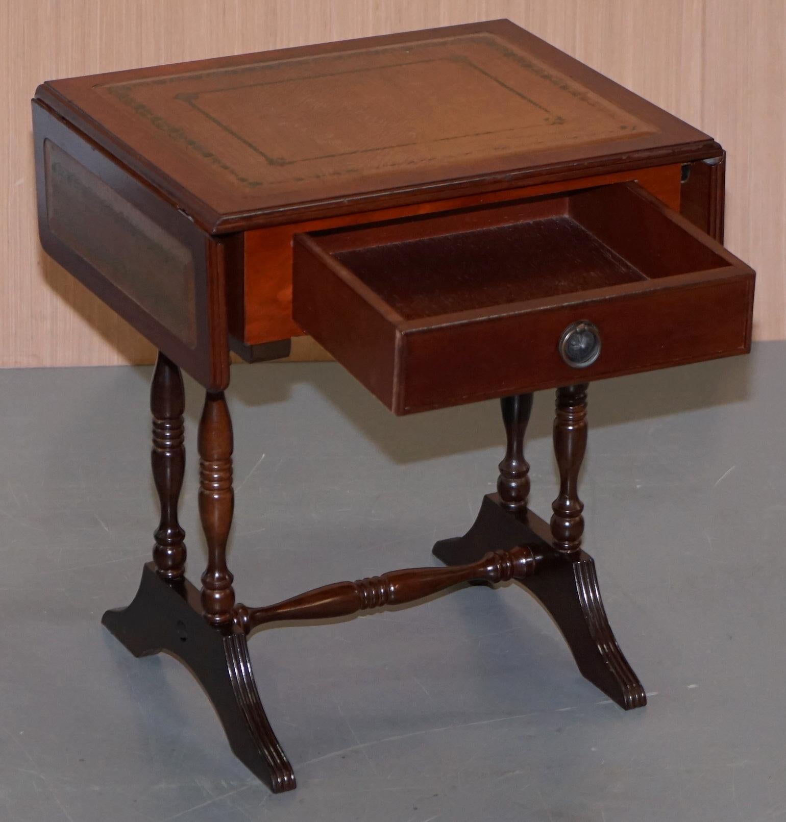 Stunning Small Side Table with Extending Brown Leather Gold Leaf Embossed Top 2