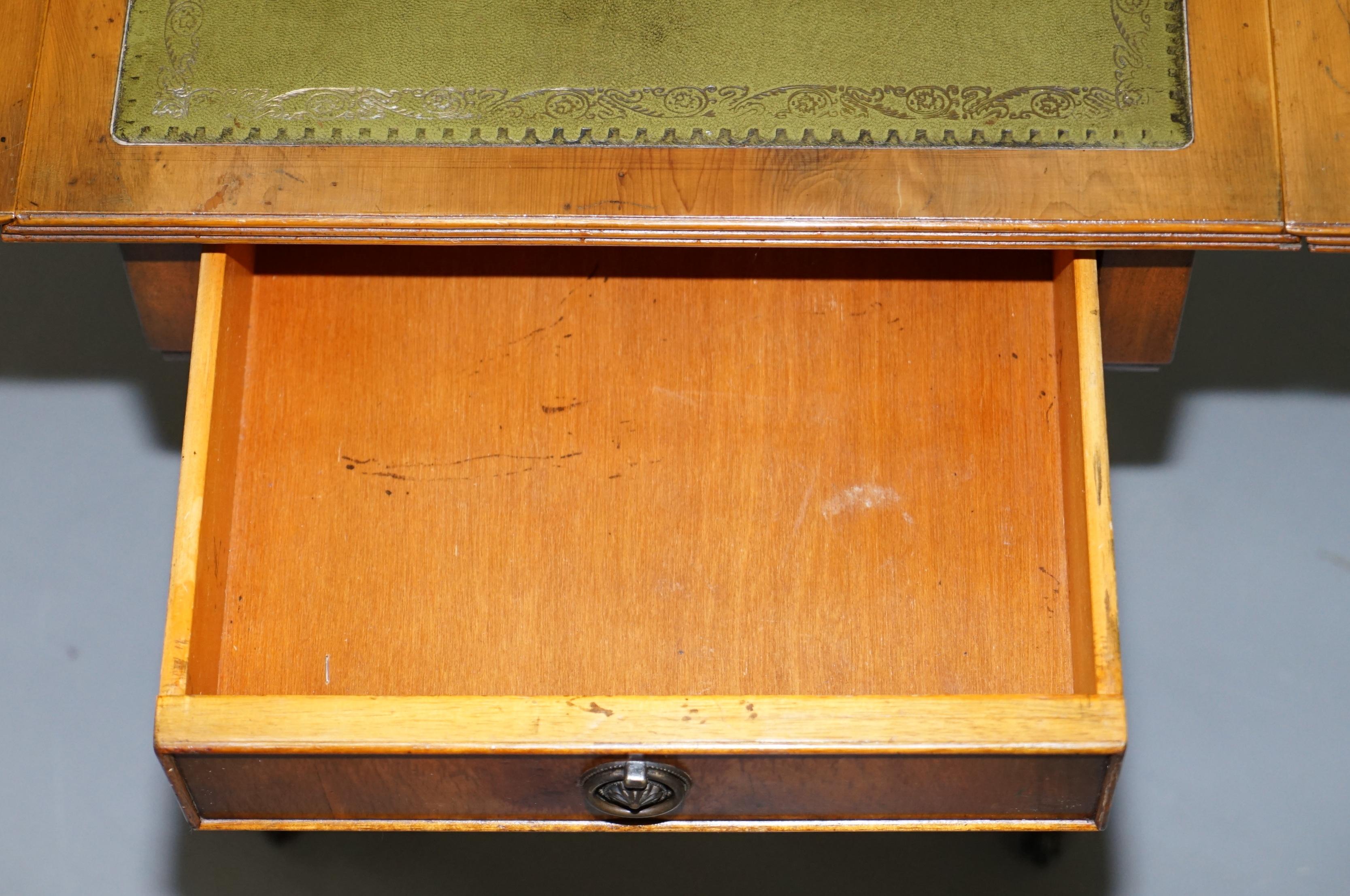 Stunning Small Side Table with Extending Green Leather Gold Leaf Embossed Top 13