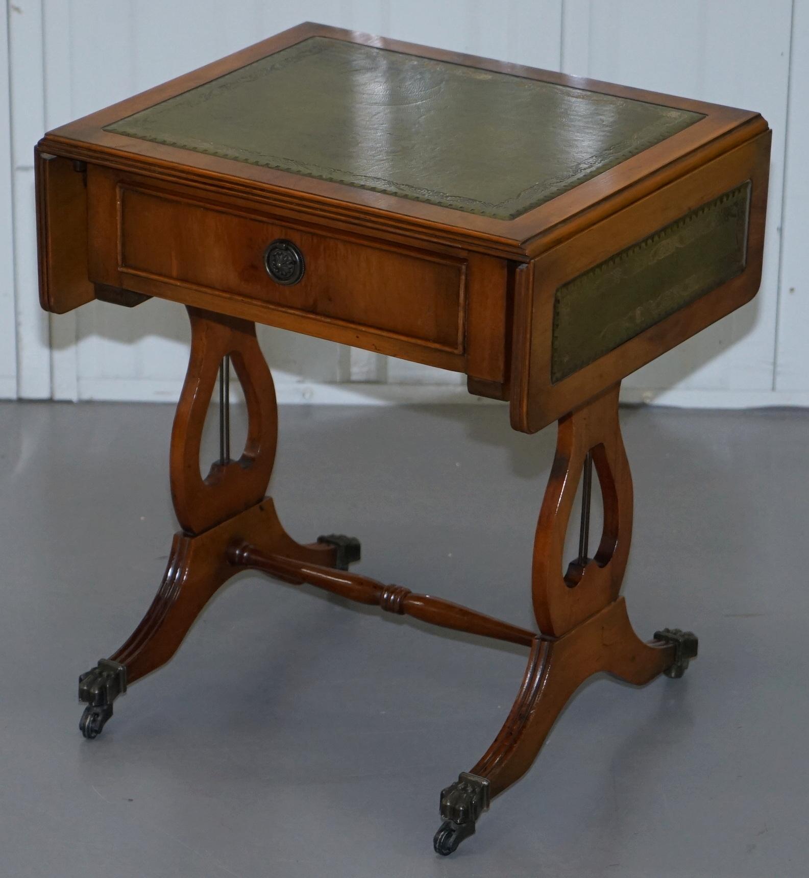 Modern Stunning Small Side Table with Extending Green Leather Gold Leaf Embossed Top